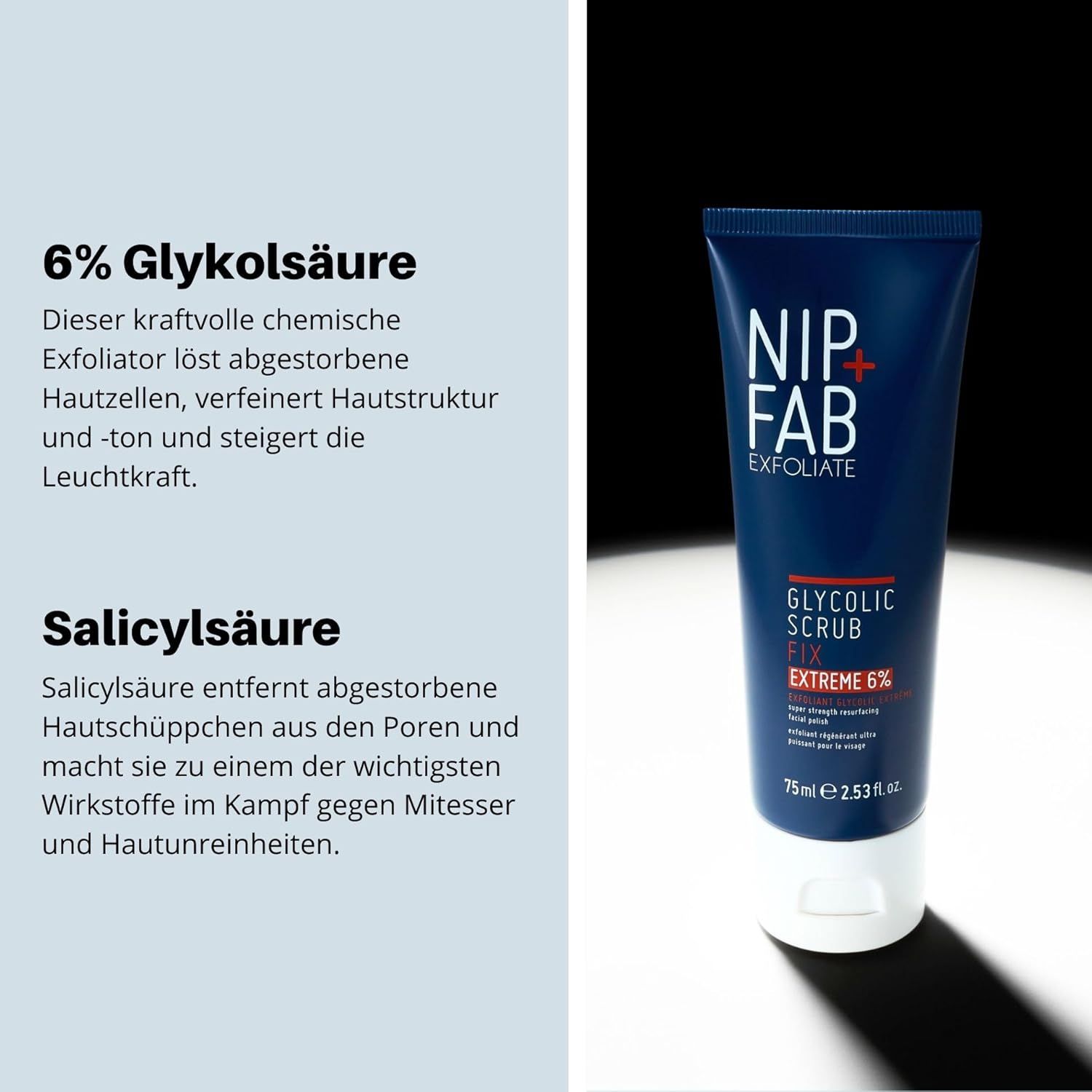 Sezione di testo con informazioni sul 6% di acido glicolico e 1% di acido salicilico. Prodotto: Nip + Fab Glycolic Scrub Fix Extreme 6%.