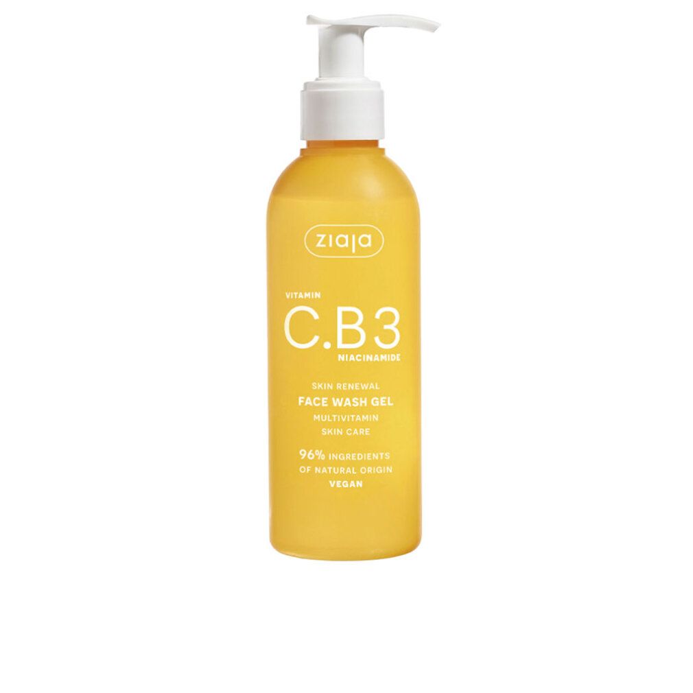 Flacone giallo con dosatore. Scritta: Ziaja Vitamina C.B3 Niacinamide Face Wash Gel.