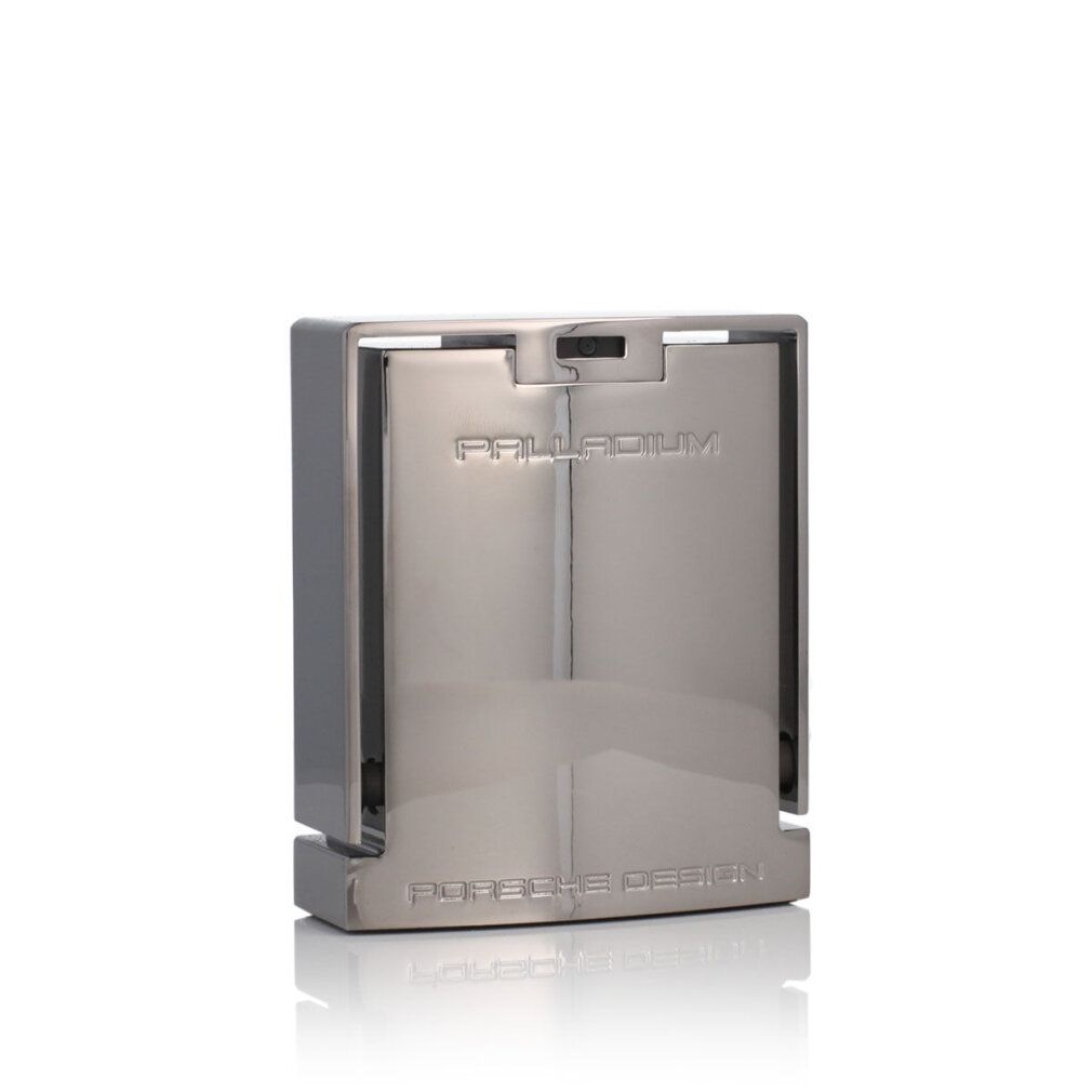 Flacone argentato. Scritta: PALLADIUM. In basso: PORSCHE-DESIGN. Forma rettangolare.
