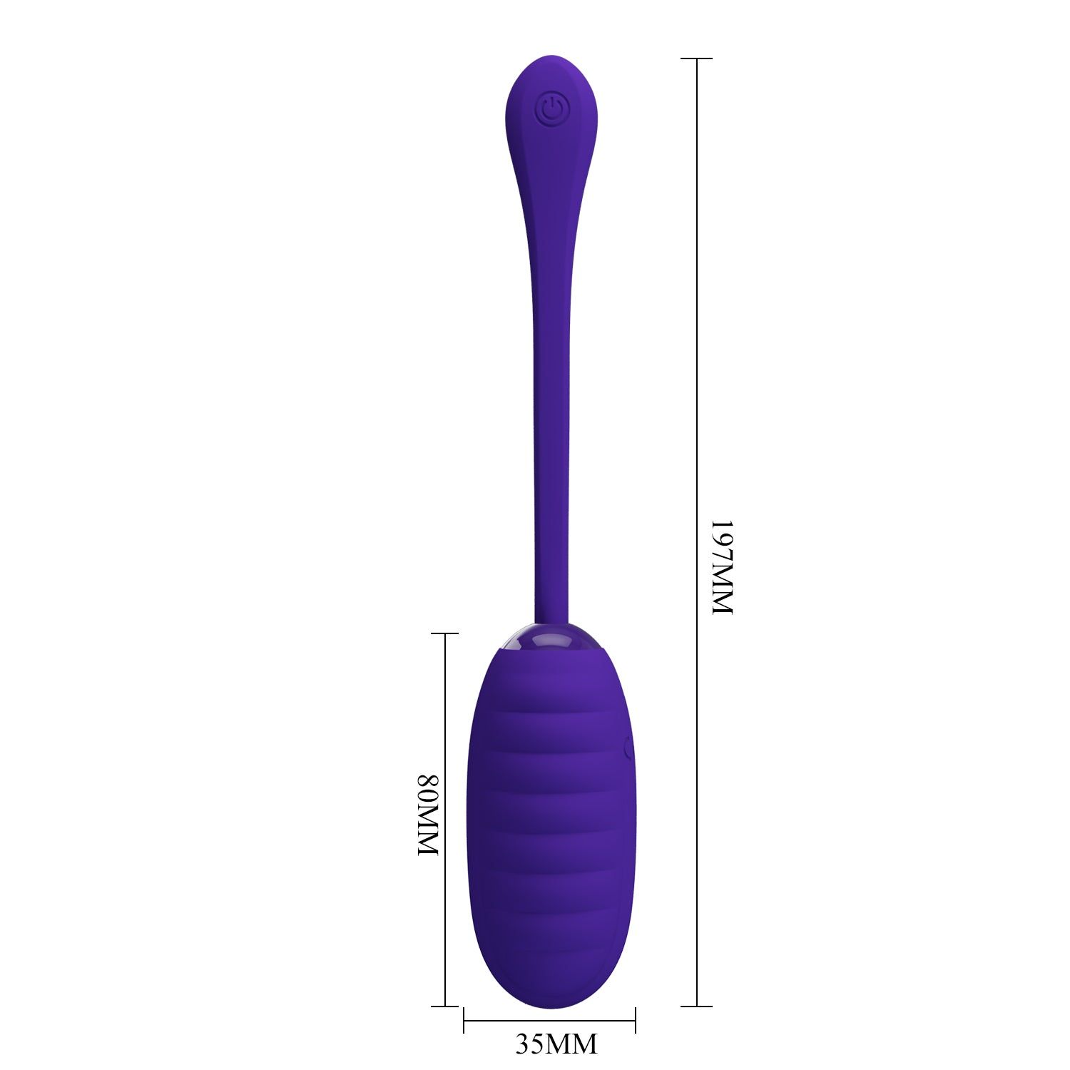 Vibratore viola con superficie scanalata e stelo. Dimensioni: 197mm x 80mm x 35mm.