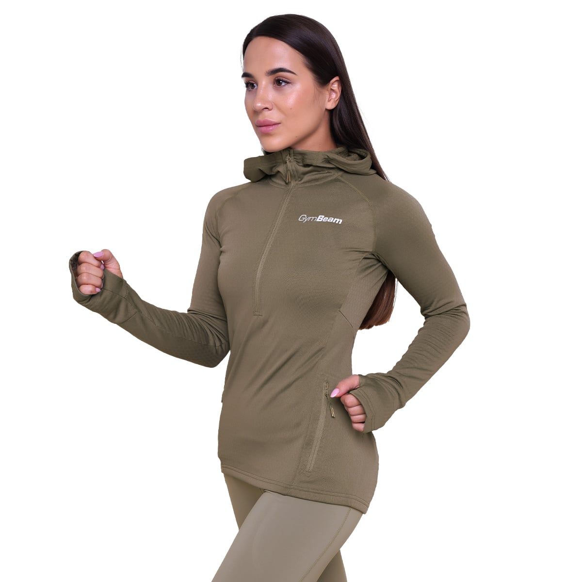 GymBeam Felpa Pulse Running donna slim 1/2 zip senza cappuccio Vetiver