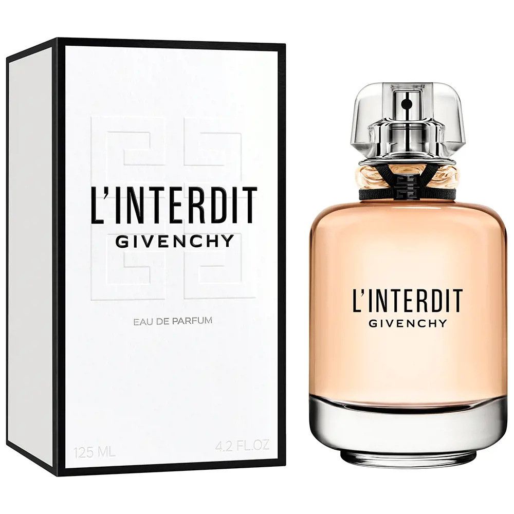 Flacone di profumo e confezione. Flacone con scritta L'Interdit Givenchy. Confezione con logo e testo.
