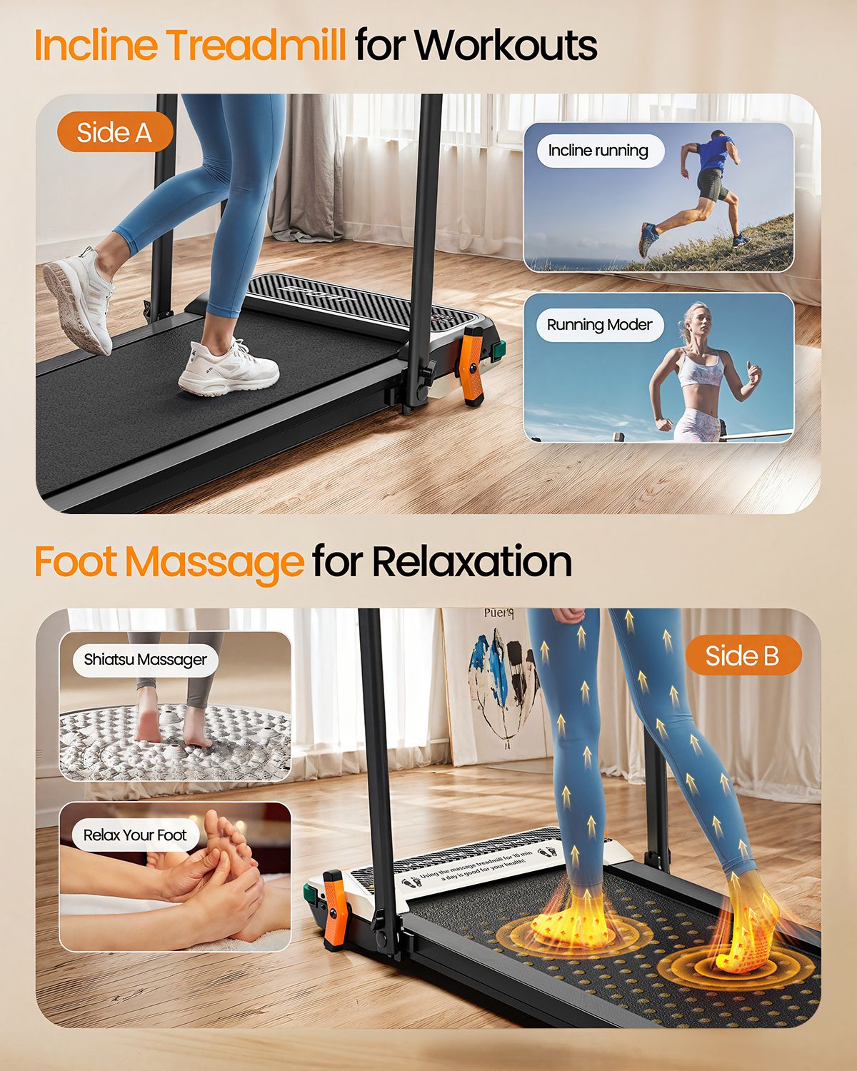 Due tapis roulant. In alto: Incline Treadmill for Workouts. In basso: Foot Massage for Relaxation. Le immagini mostrano le funzioni.