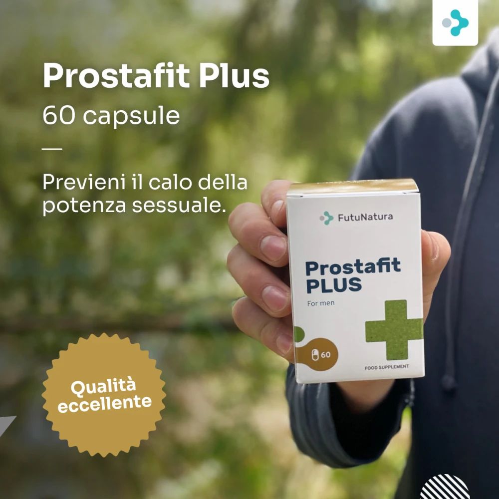 FutuNatura Prostafit Plus, 60 capsule. Scatola tenuta in mano. Croce verde. Qualità eccellente.