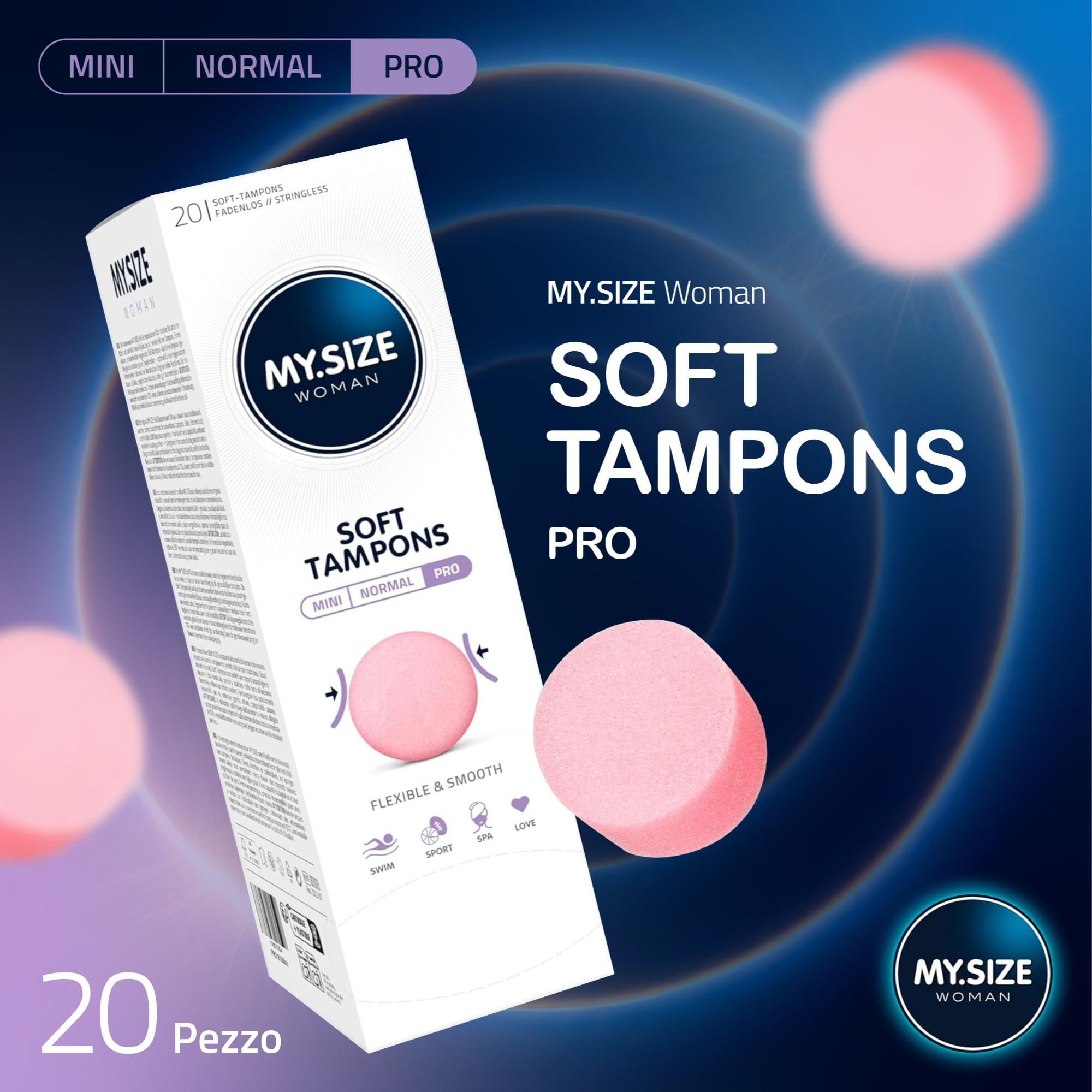 Confezione di tamponi morbidi MY.SIZE Woman Pro, 20 pezzi. Tamponi rosa, flessibili e lisci.