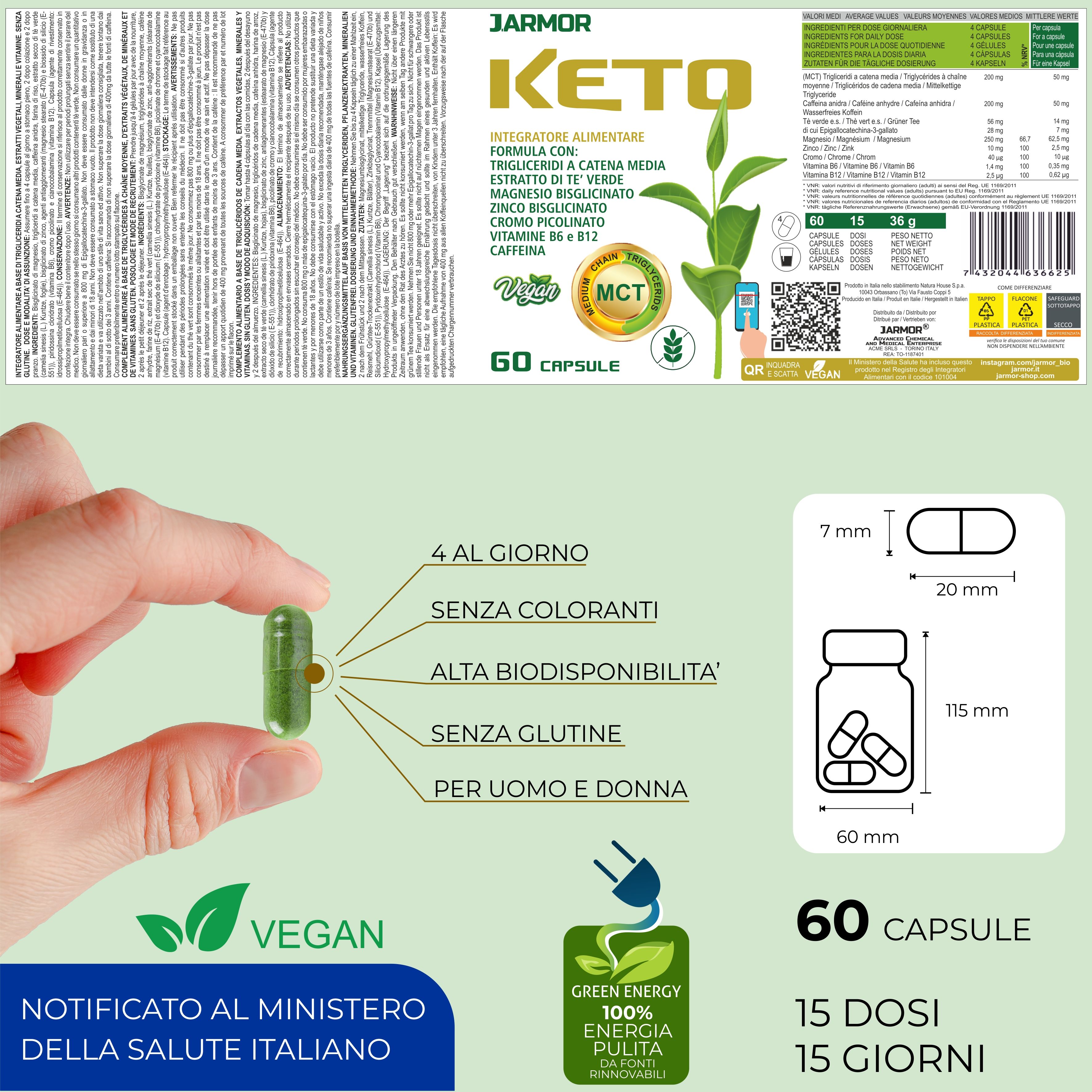 Capsula con testo: 60 capsule, 15 dosi, 15 giorni. Senza coloranti, alta biodisponibilità, senza glutine. Per uomo e donna.