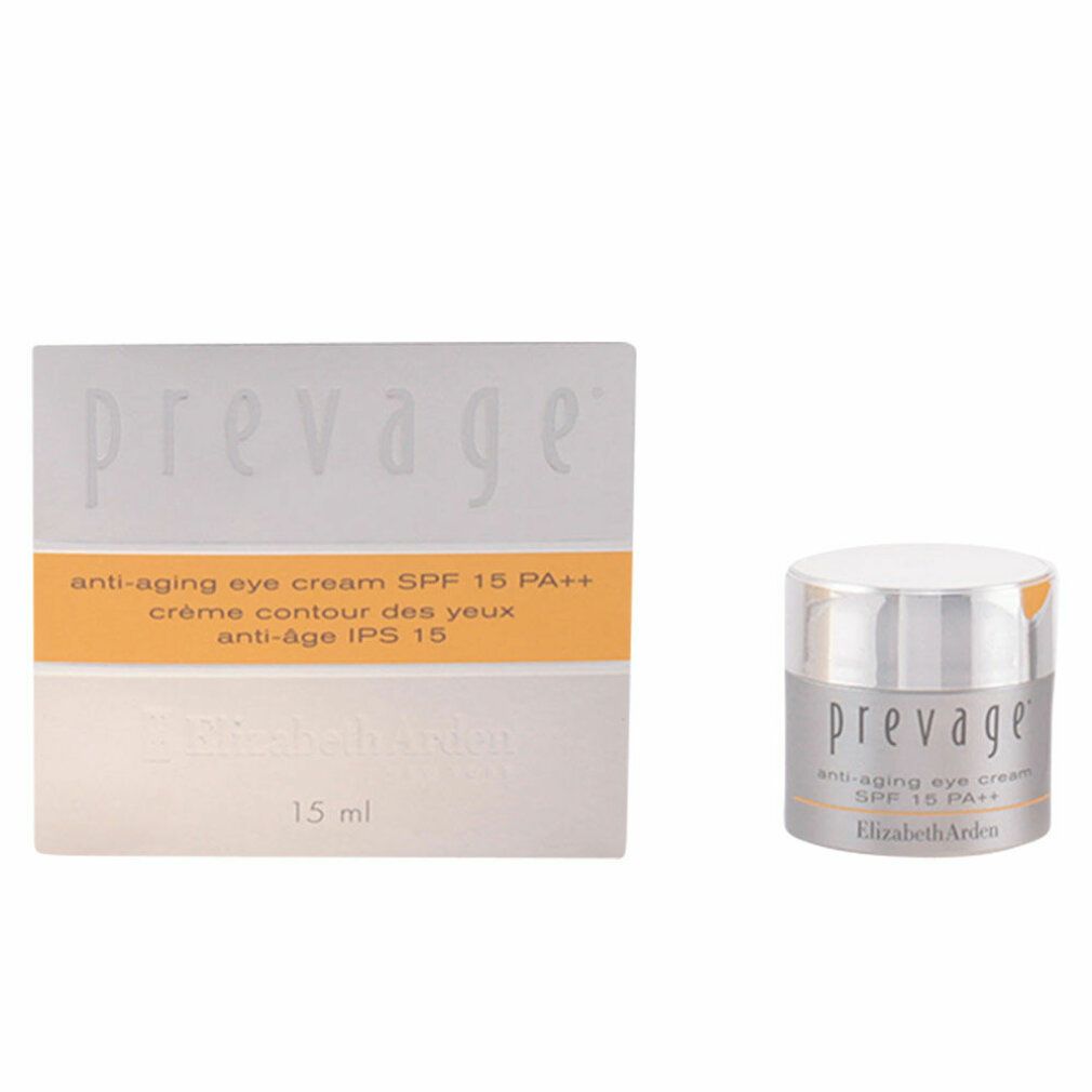Confezione e vasetto di crema. Scritta: Prevage, Anti-Aging Eye Cream SPF 15 PA++, 15 ml, Elizabeth Arden.