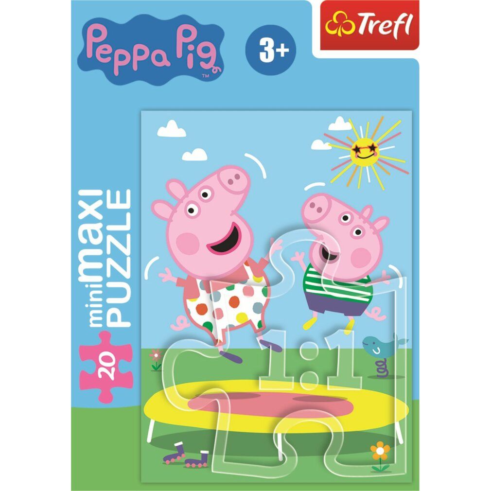 Puzzle di Peppa Pig. 20 pezzi, forma trasparente. Peppa Pig e un amico saltano su un trampolino.