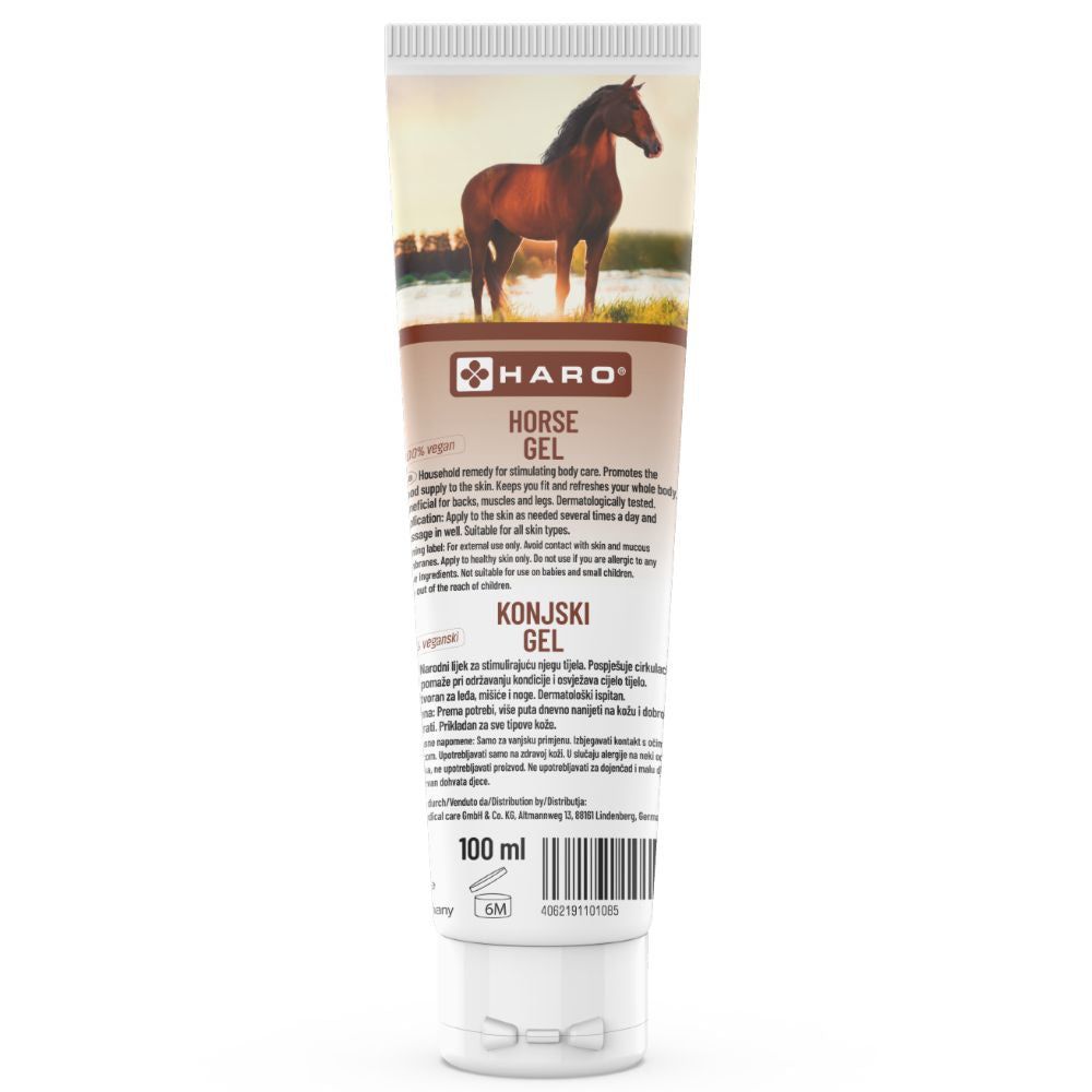 Tubo con immagine di cavallo. Testo: HARO Horse Gel. Tubo marrone con tappo bianco. Testo: 100 ml.