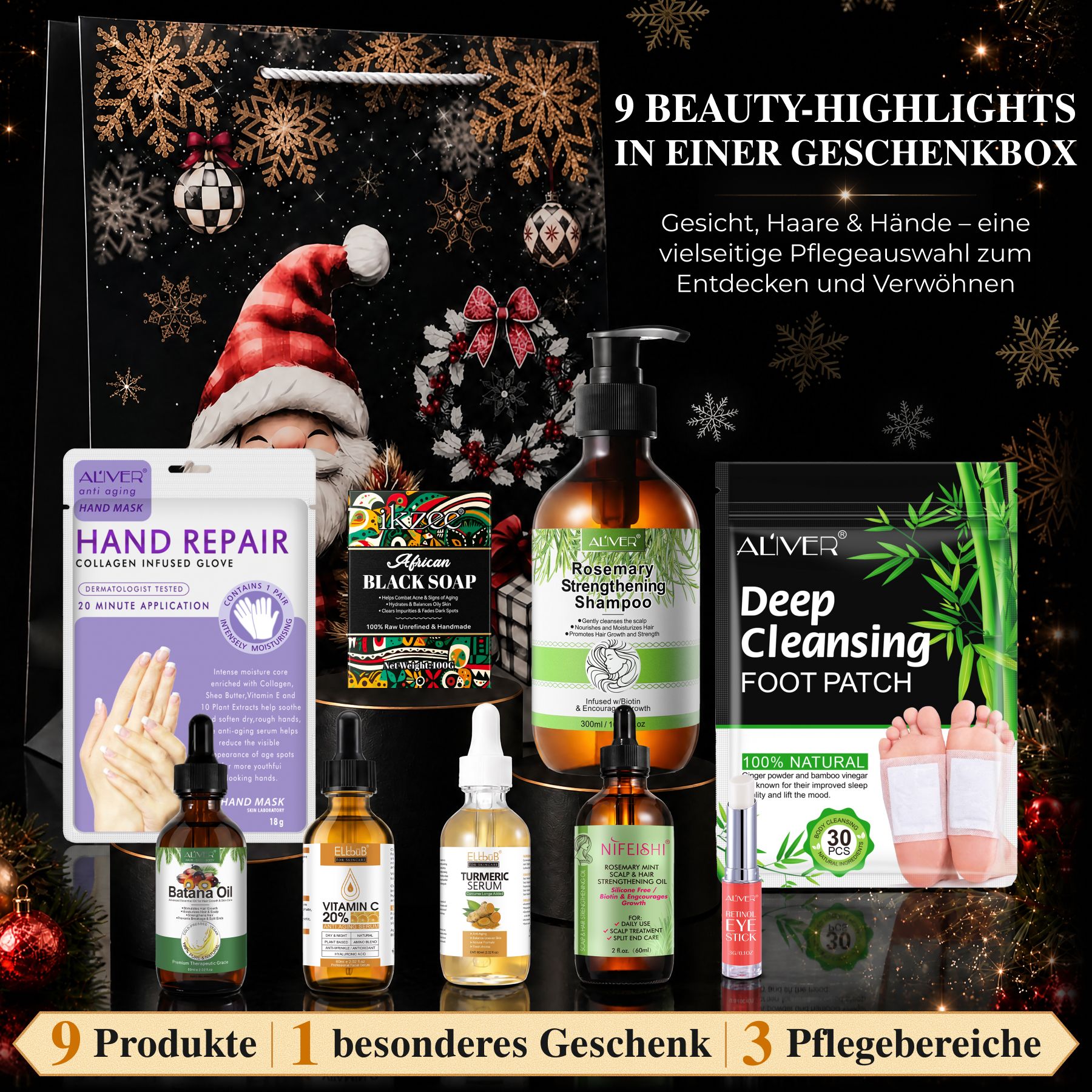 Box regalo di bellezza con 9 punti salienti per la cura del viso, dei capelli e delle mani, decorata per Natale.