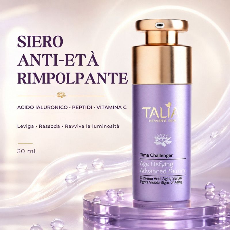 Flacone viola con pompa dorata, etichettato 'Talia Heaven's Dew Time Challenger Age Defying Advanced Serum', 30 ml.