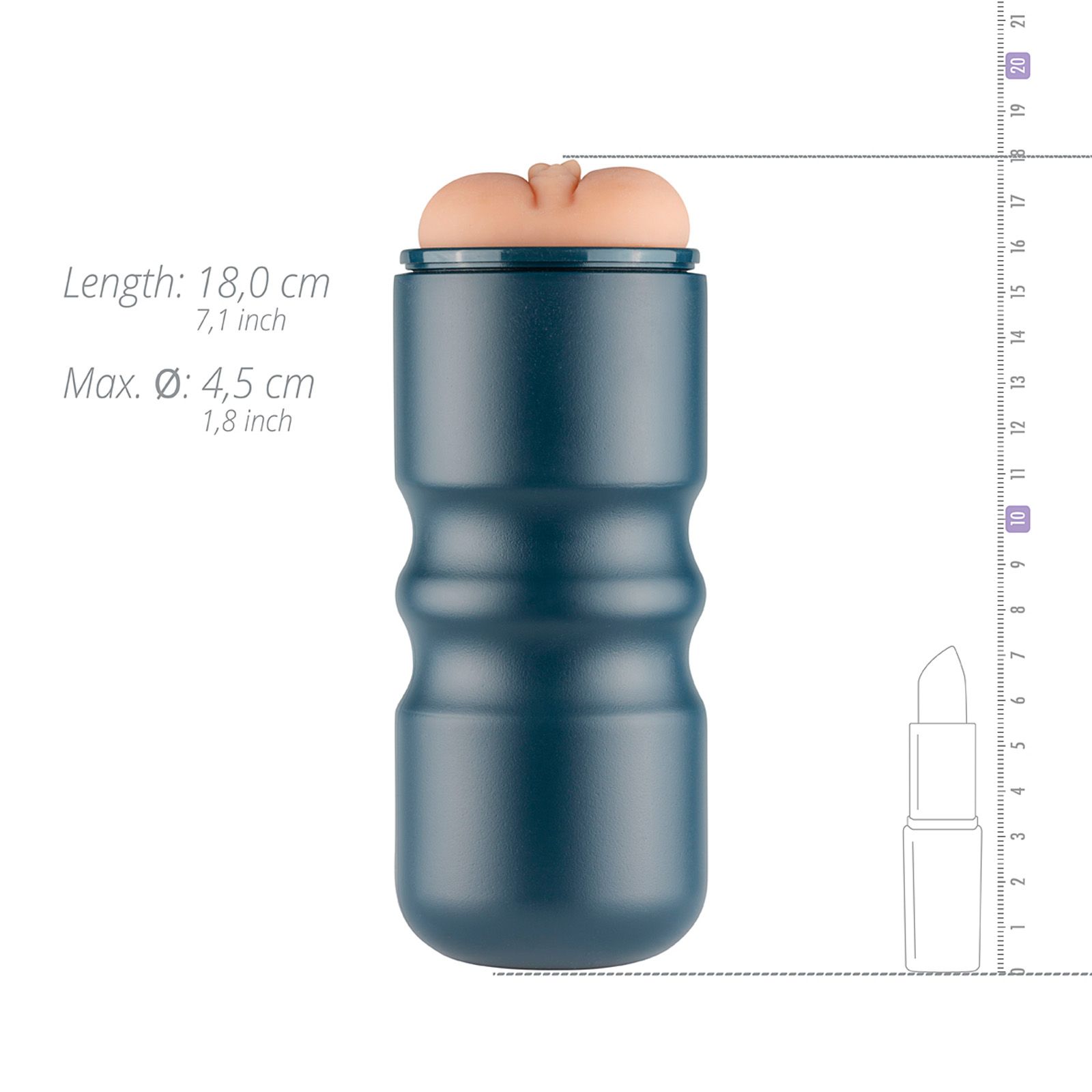 Masturbatore con riproduzione vaginale. Dimensioni: 18,0 cm di lunghezza, 4,5 cm max. Ø. Blu scuro, con scanalature.