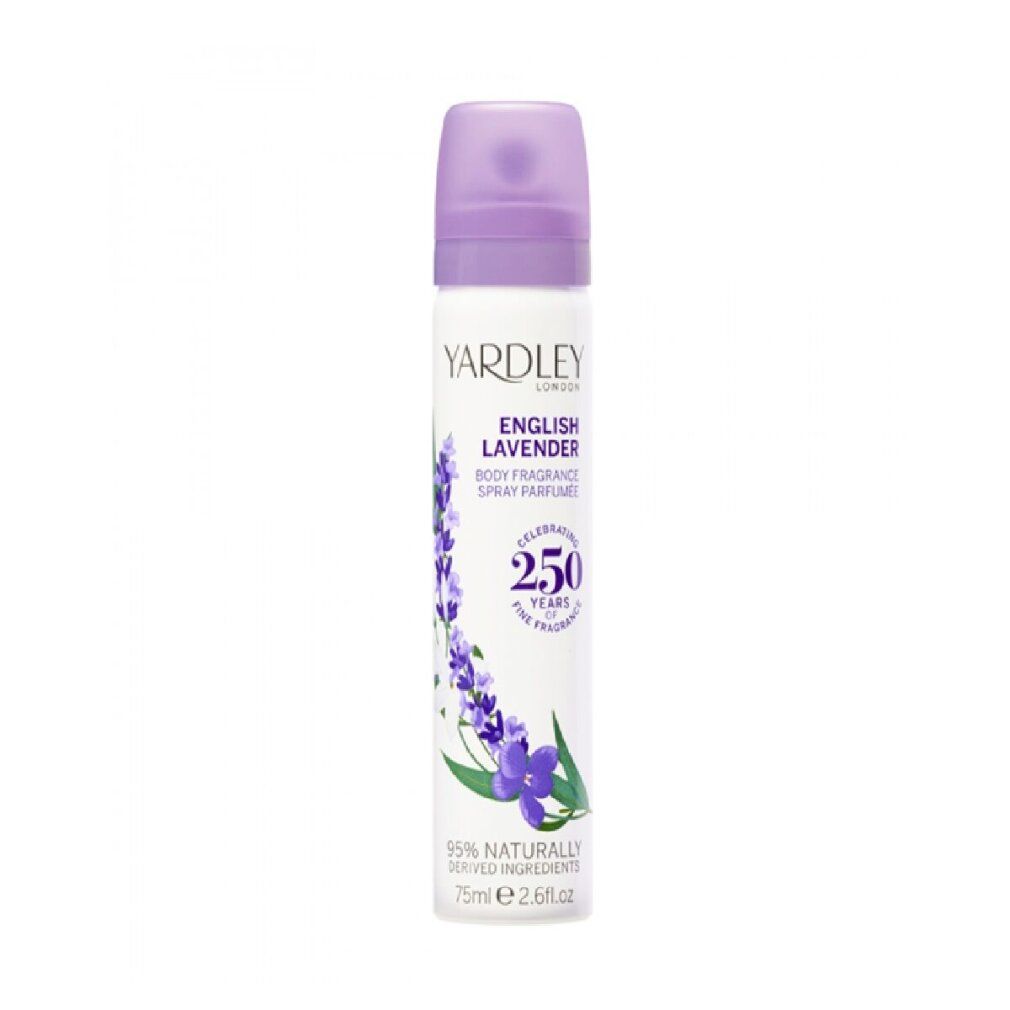 Spray bianco con tappo viola. Stampa floreale, testo 'Yardley London English Lavender' e '250 Years'.