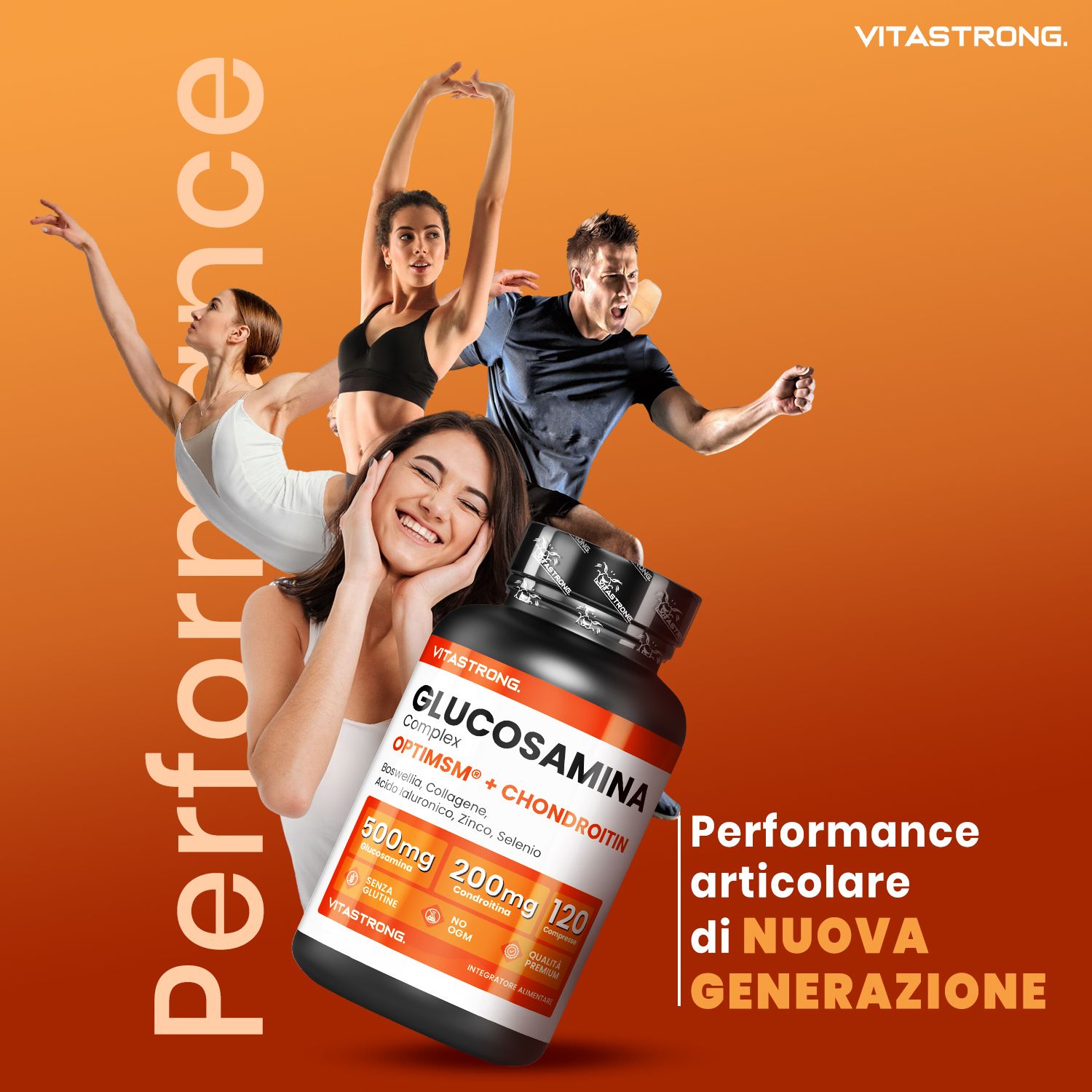 Vitastrong Glucosamina + Condroitina. Flacone con compresse. Atleti sullo sfondo. Testo: Performance.
