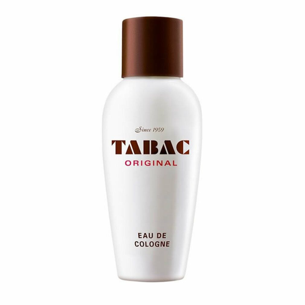 Flacone bianco con tappo marrone. Scritta: TABAC ORIGINAL, Eau de Cologne. Dal 1959.