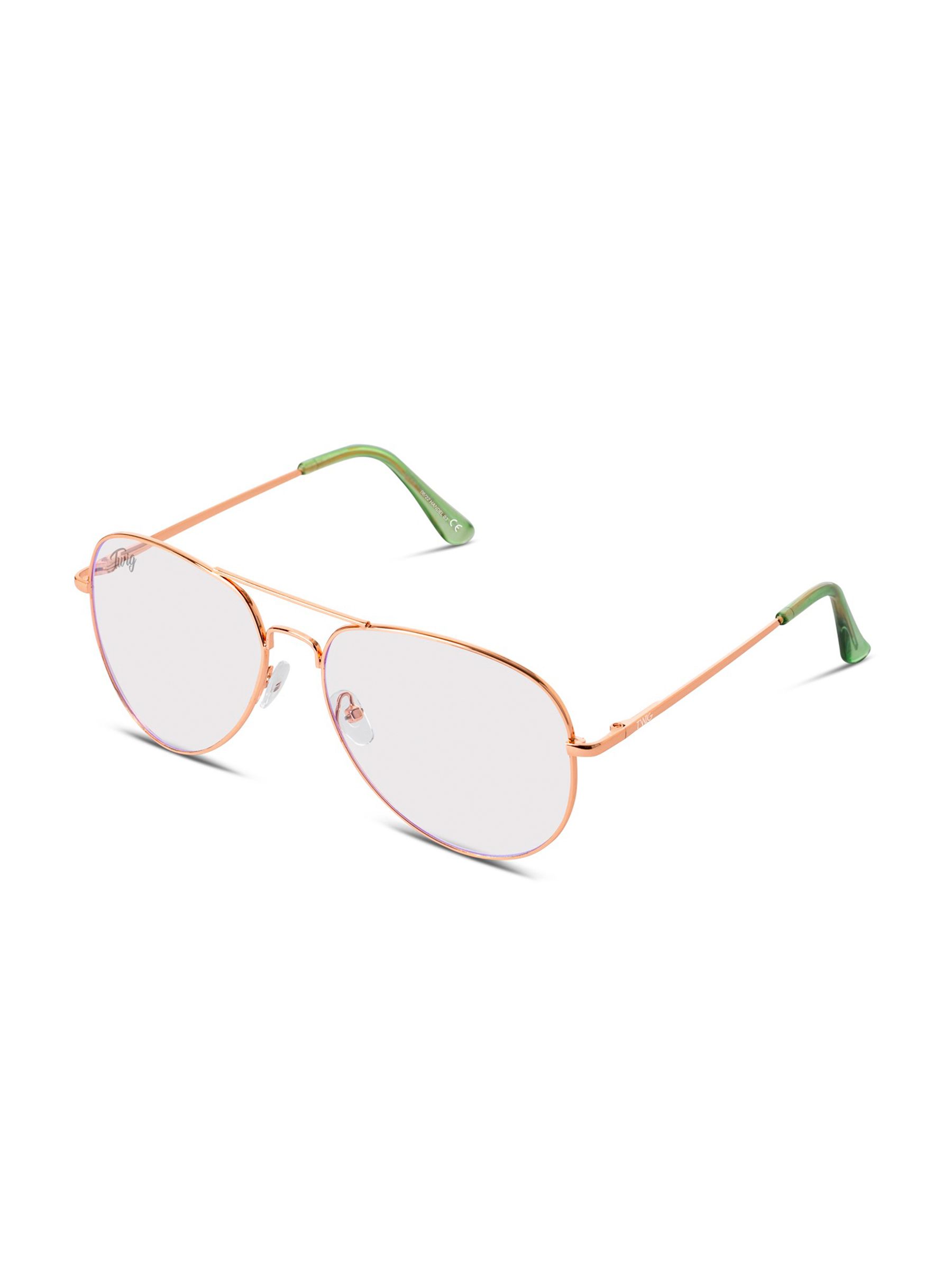 Occhiali aviator, montatura rosa, aste verdi. Lenti chiare. Marchio Twig.