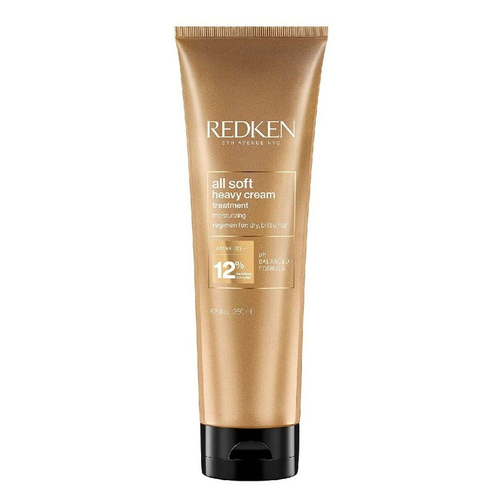 Tubo dorato con tappo nero. Scritta: Redken, All Soft Heavy Cream. 12% e formula pH bilanciata.