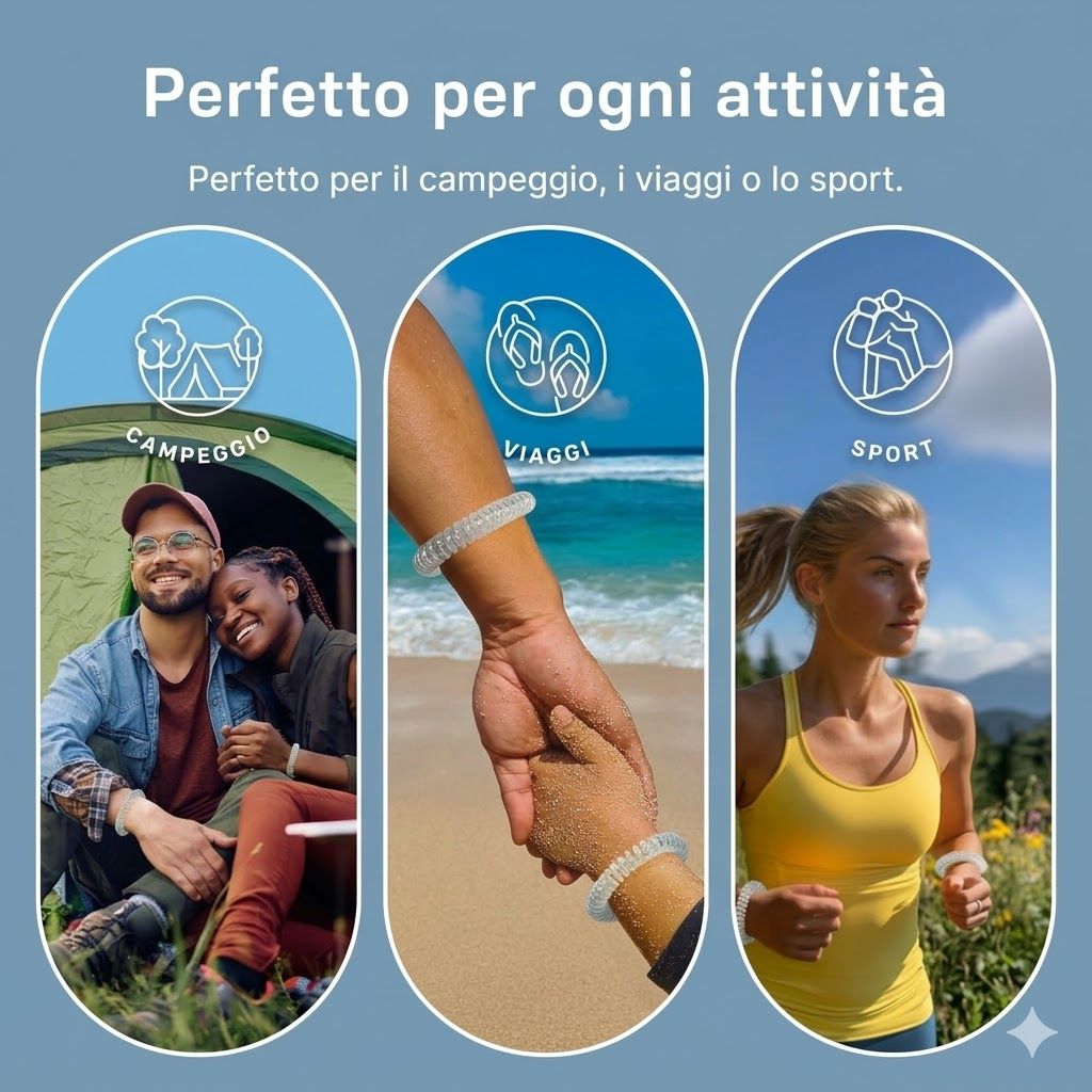 Persone con braccialetti a spirale. Scene: Campeggio, viaggi, sport.