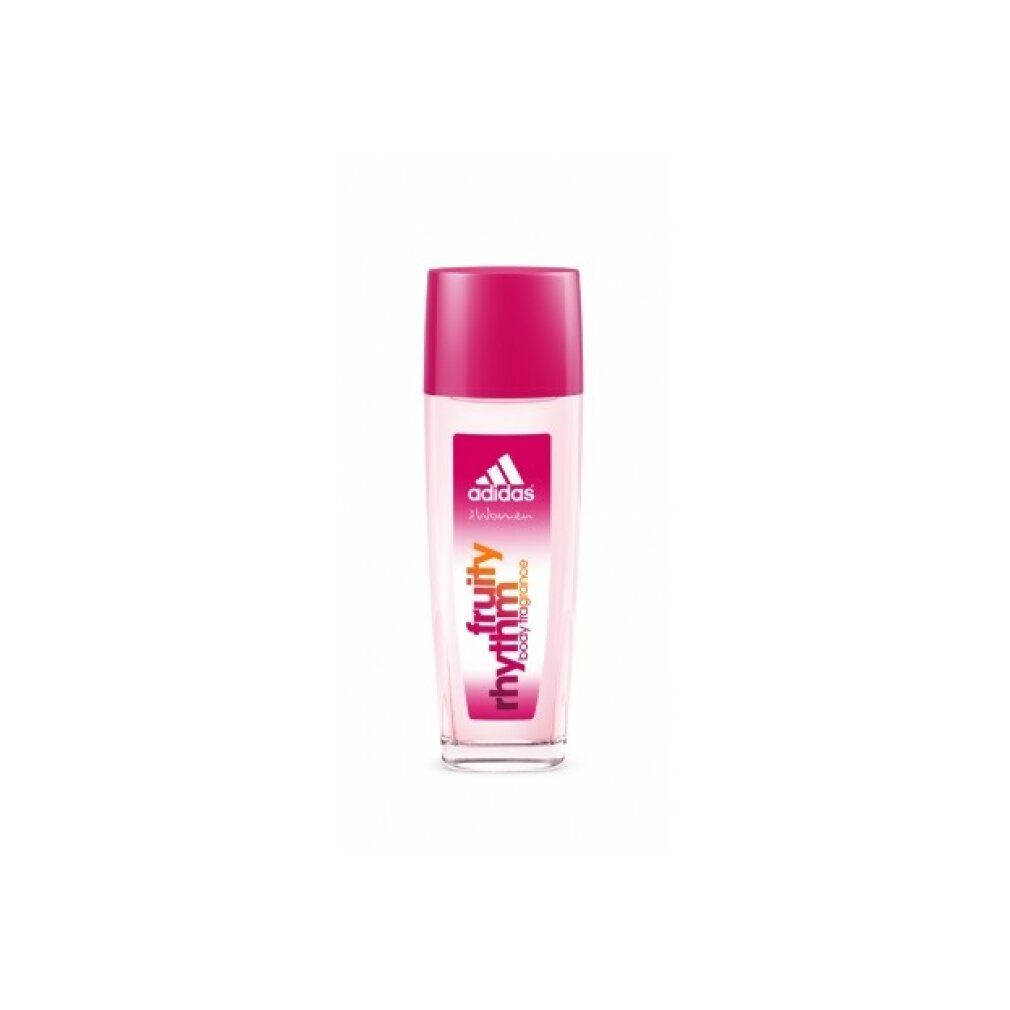 Flacone deodorante con tappo rosa. Etichetta con logo e scritta: fruity rhythm body fragrance.