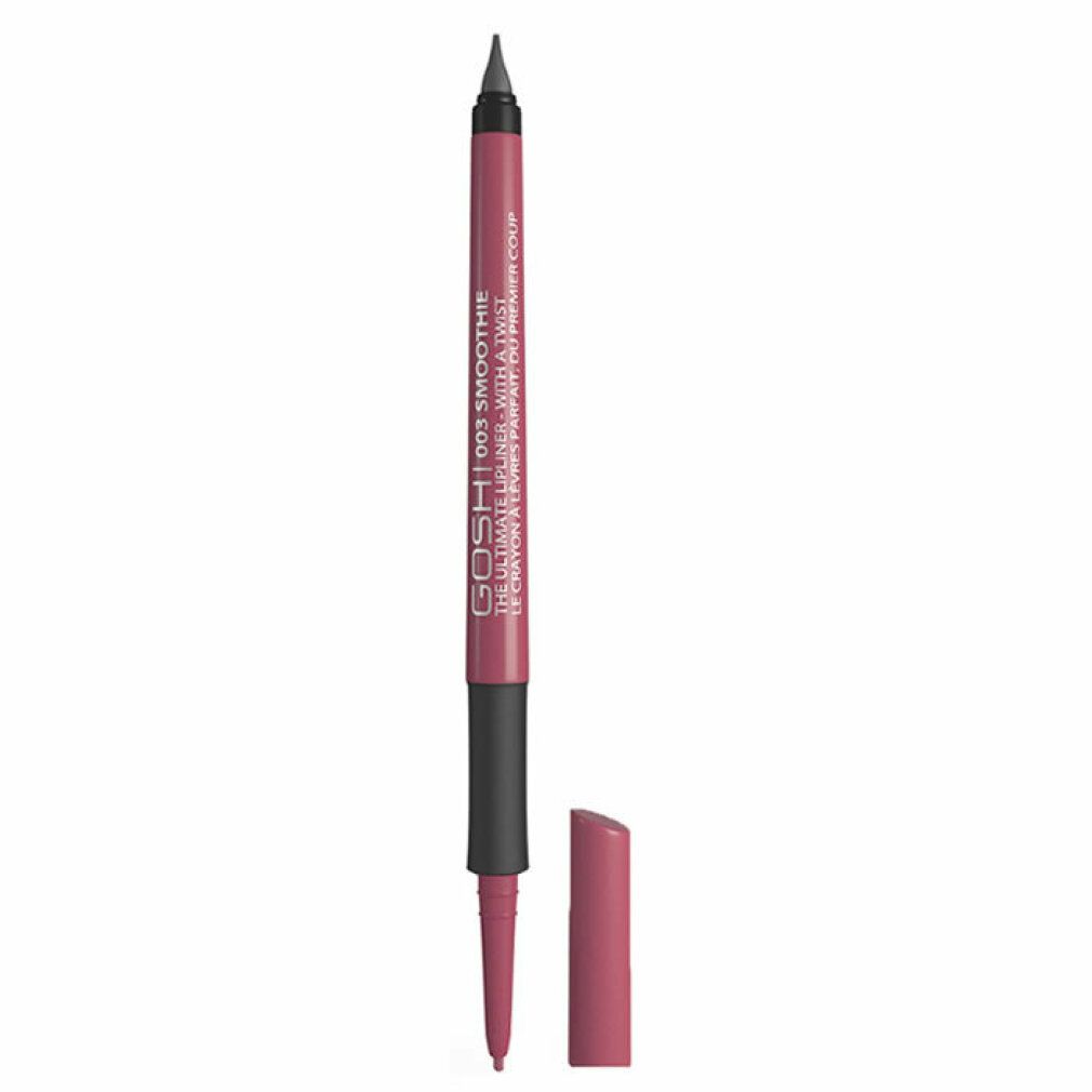 Gosh The Ultimate Lipliner 003 Smoothie. Matita con punta e cappuccio. Colore rosa. Sezione centrale nera. Testo: GOSH, 003 SMOOTHIE.