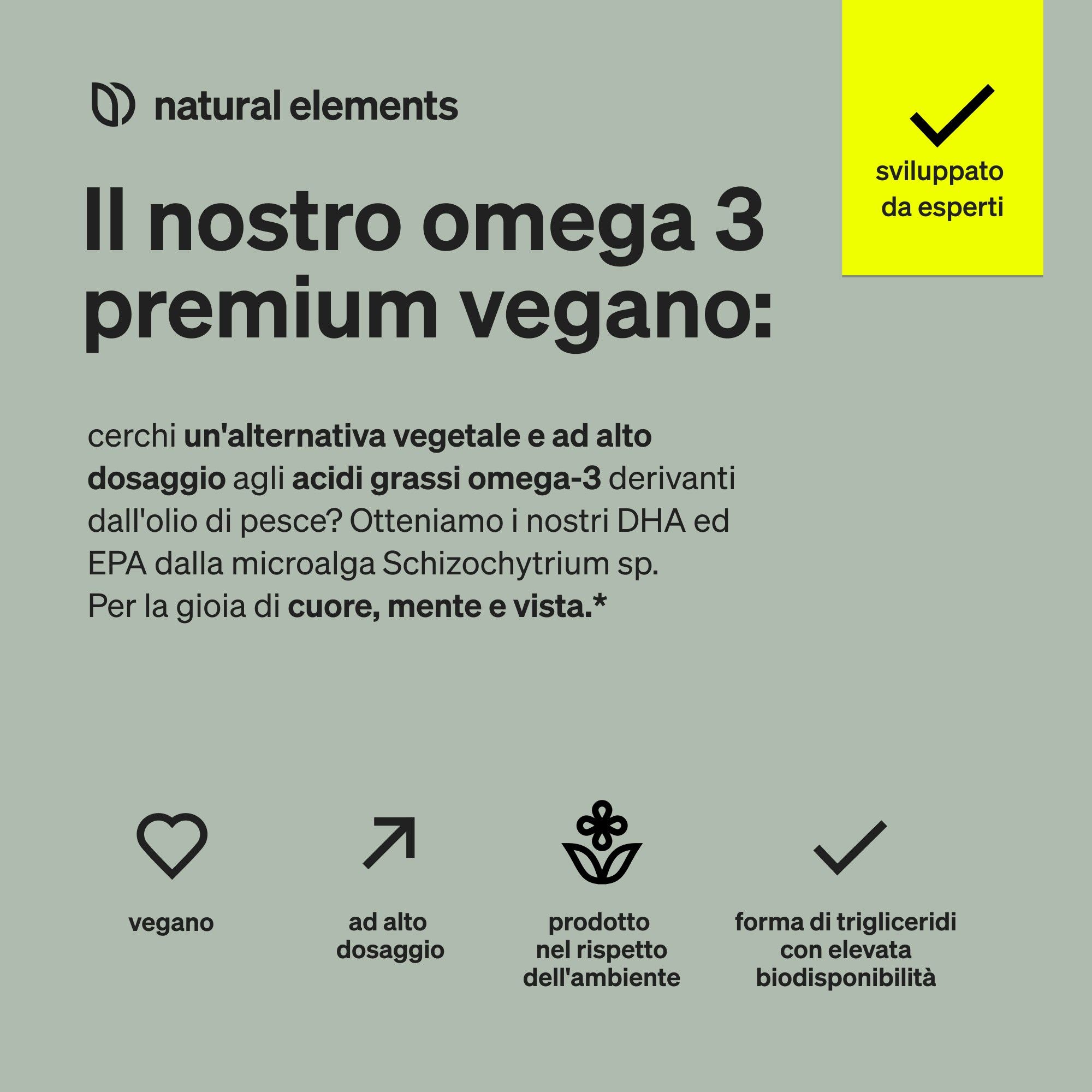 Flacone di capsule Omega 3 Premium Vegan. Contiene DHA & EPA da alghe.