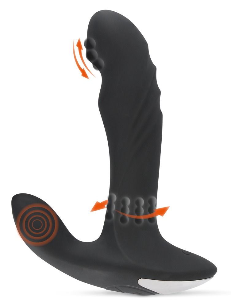 Plug nero con accento bianco. Frecce indicano i movimenti di vibrazione e rotazione. Su sfondo bianco.