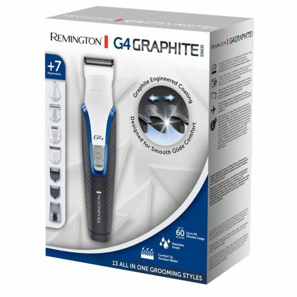 Confezione del tagliacapelli/barba. Include trimmer, accessori, immagine del prodotto. Testo: G4 Graphite Series, Remington.