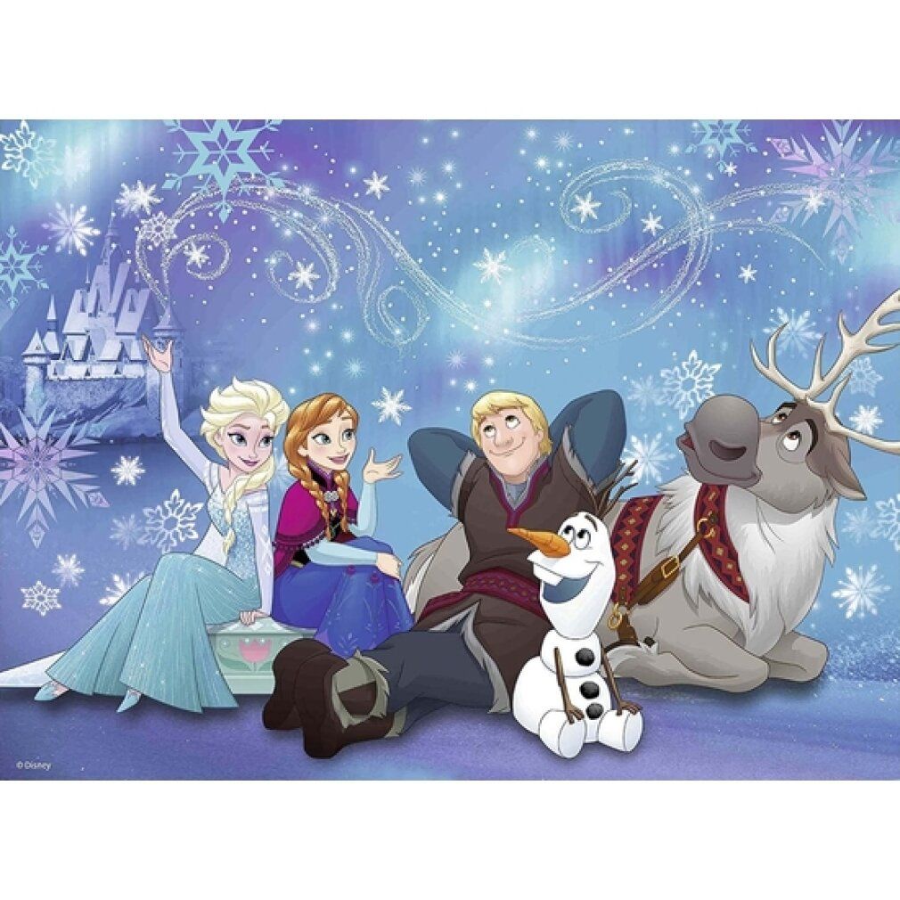 Motivo puzzle Disney Frozen. Elsa, Anna, Kristoff, Olaf e Sven su sfondo innevato. Pezzi del puzzle non visibili.