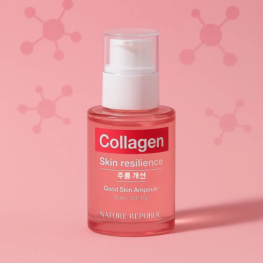 Flacone di vetro rosa con tappo a pompa bianco. Scritta "Collagen Skin resilience" e "NATURE REPUBLIC".