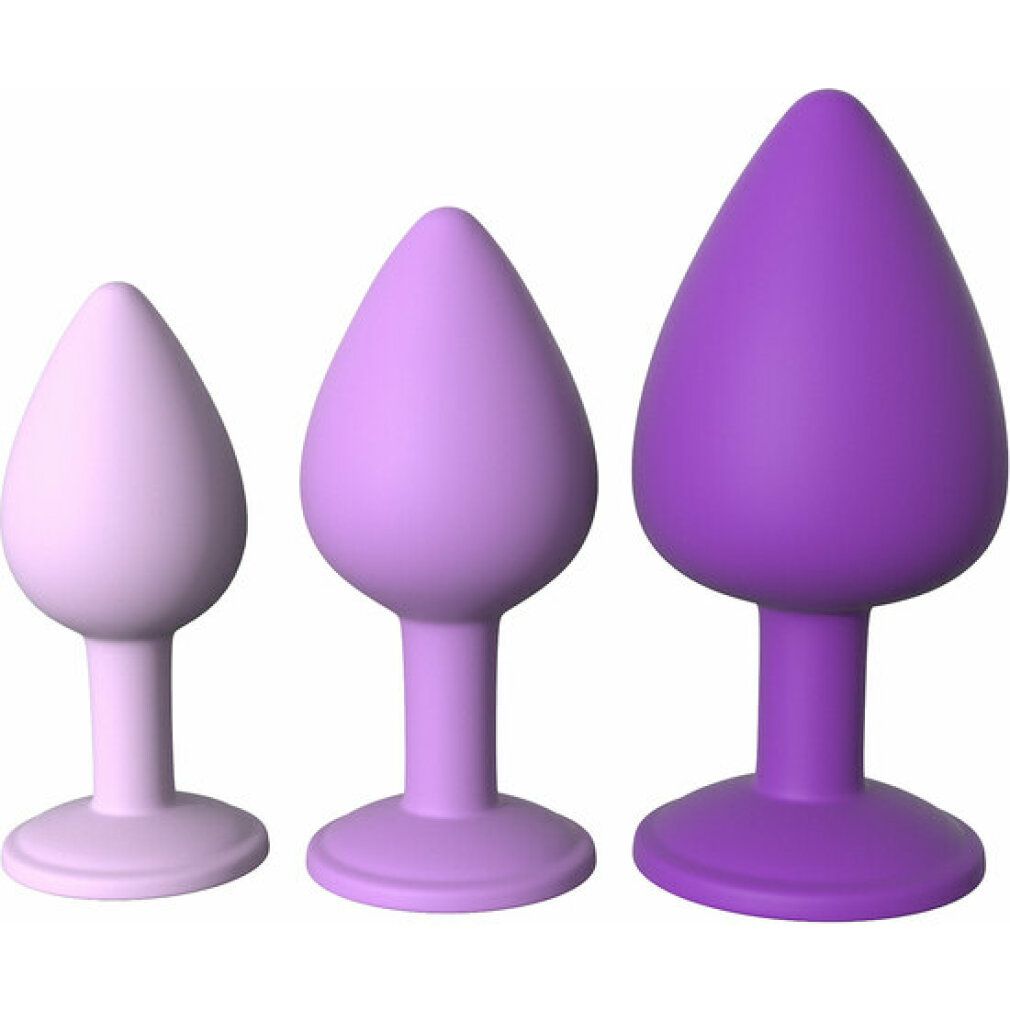 Tre plug anali viola, dal piccolo al grande, con base larga.