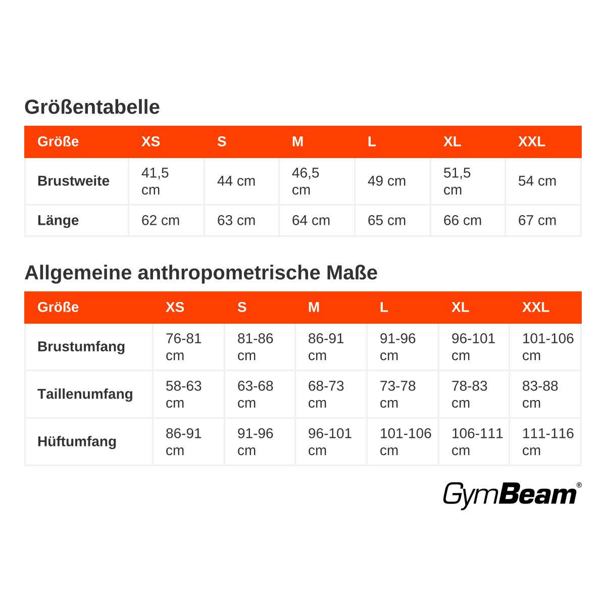 Tabella delle taglie per magliette GymBeam da donna: misure del torace e della lunghezza.