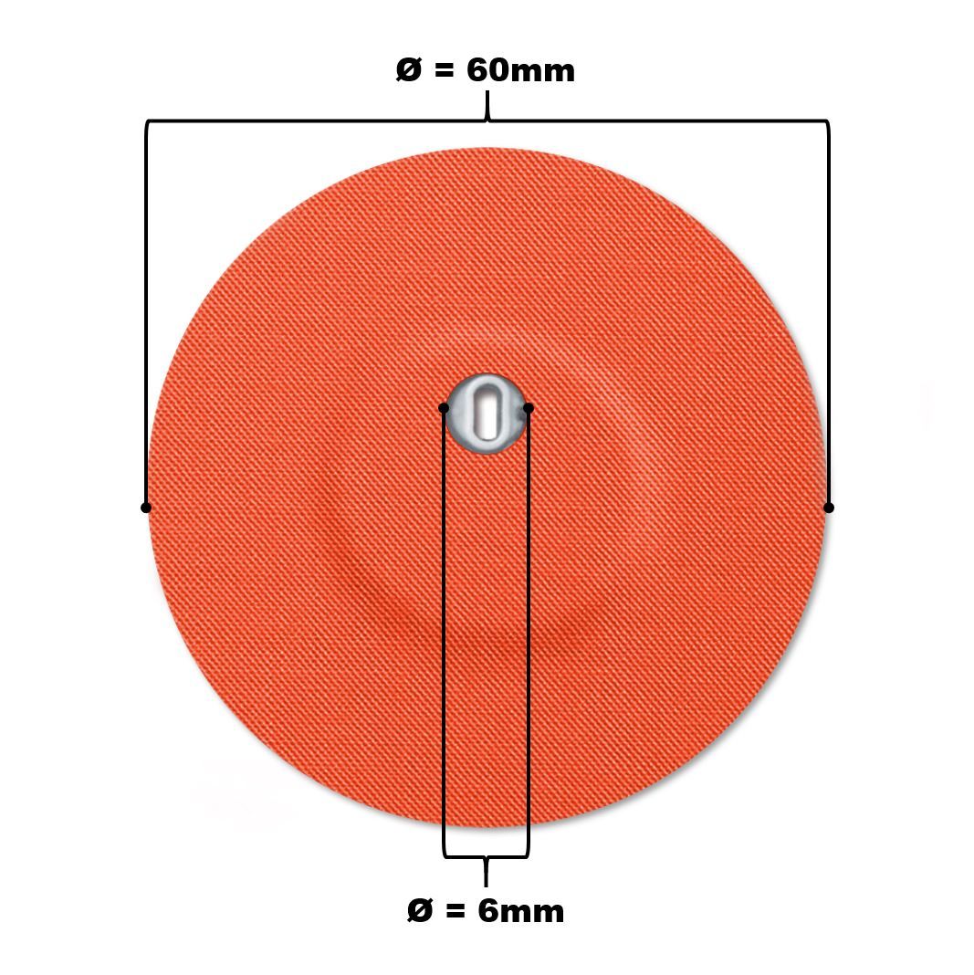 Cerotto rotondo arancione con foro di ventilazione. Diametro 60 mm, foro 6 mm. Con indicazioni di dimensioni.