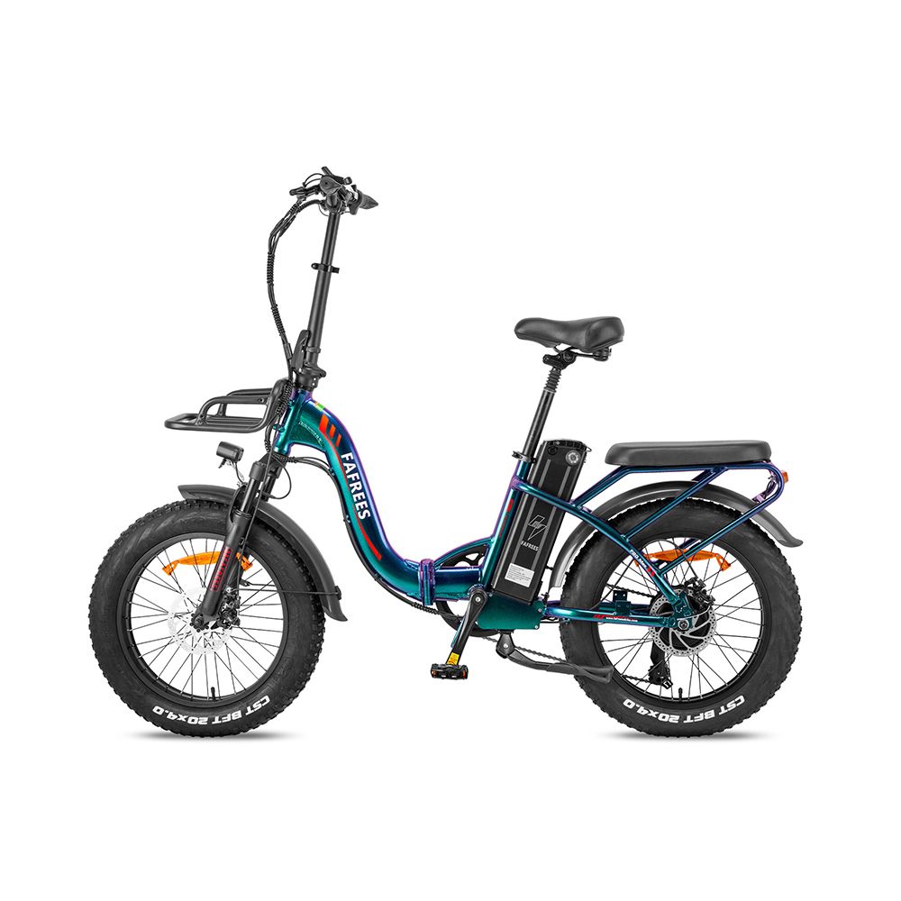 E-bike pieghevole Fafrees con pneumatici larghi. Nero, blu, verde. Portapacchi, cestino, parafanghi. Batteria sul telaio.