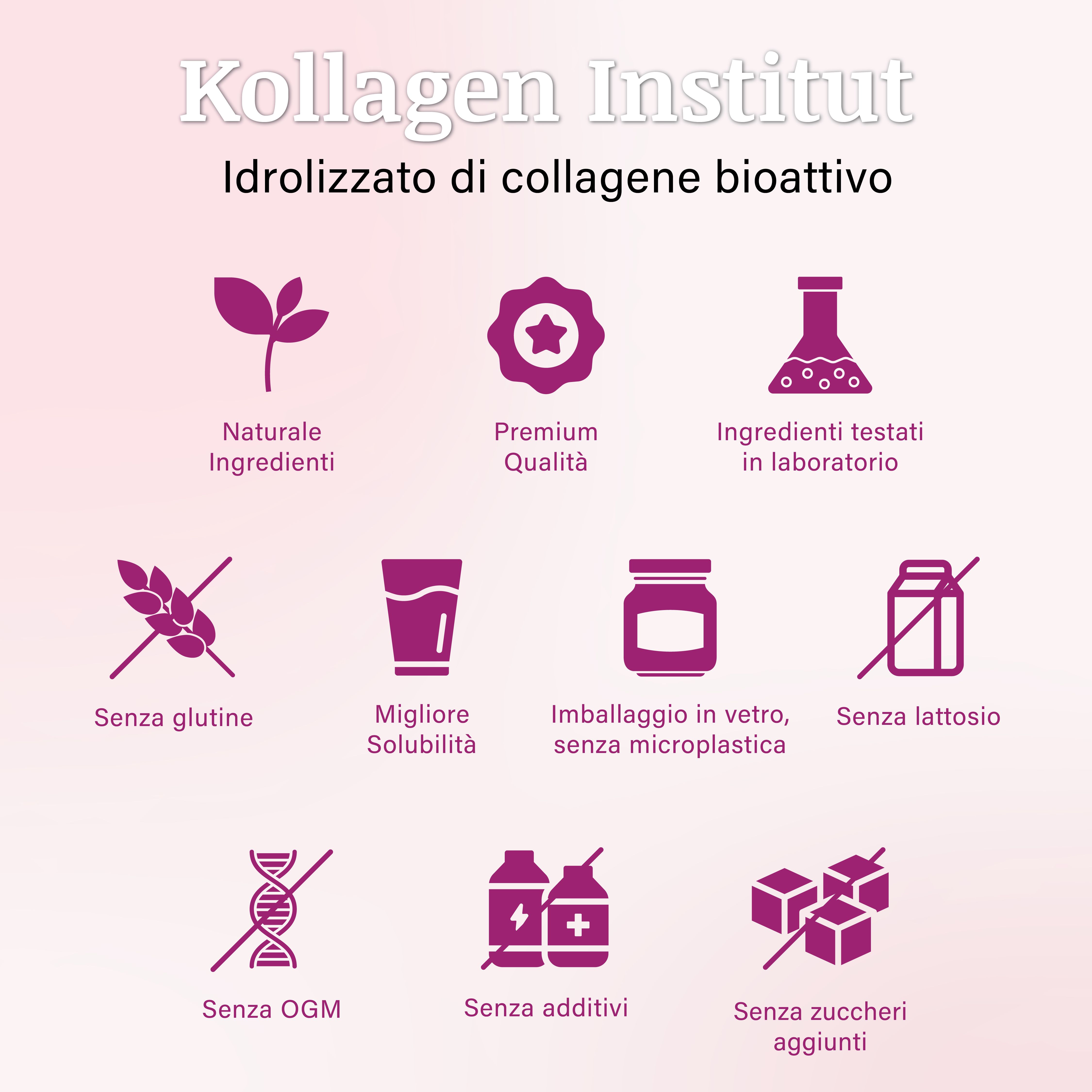 Kollagen Institut, idrolizzato di collagene bioattivo. Icone: Ingredienti naturali, qualità premium, ingredienti testati, senza glutine, ecc.
