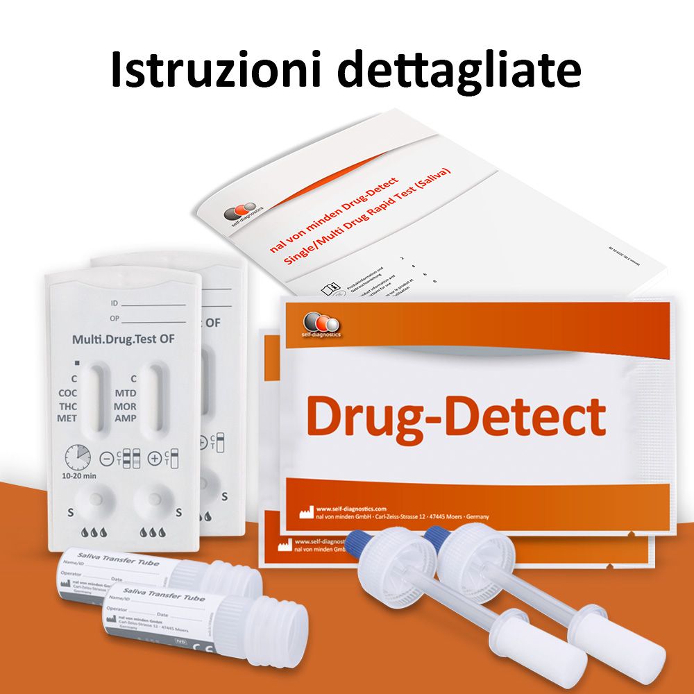 Kit Drug-Detect con cassette, provette e istruzioni. Marchio: self-diagnostics.