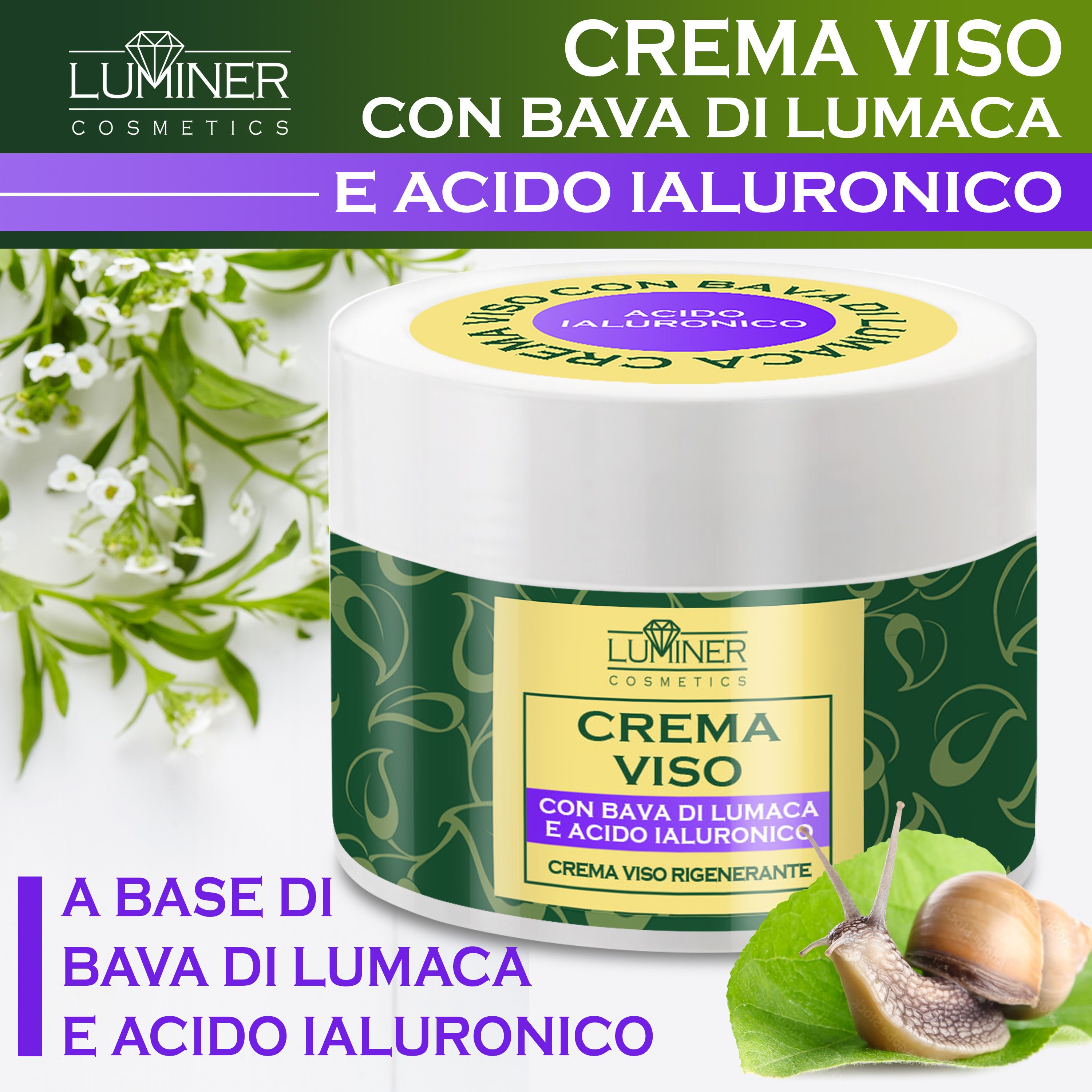 Vasetto di crema viso con bava di lumaca e acido ialuronico, circondato da foglie.