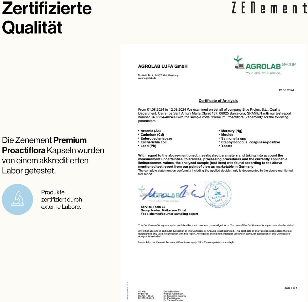 Documento di certificazione. Scritta: Qualità certificata. Rapporto di laboratorio di Agrolab. Prodotti certificati da laboratori esterni.
