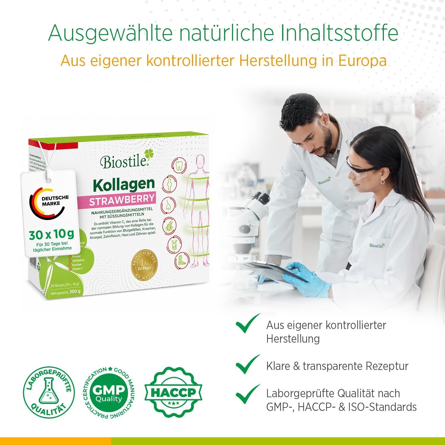 Scatola Biostile Collagen Strawberry, scienziati in laboratorio, certificati di qualità.