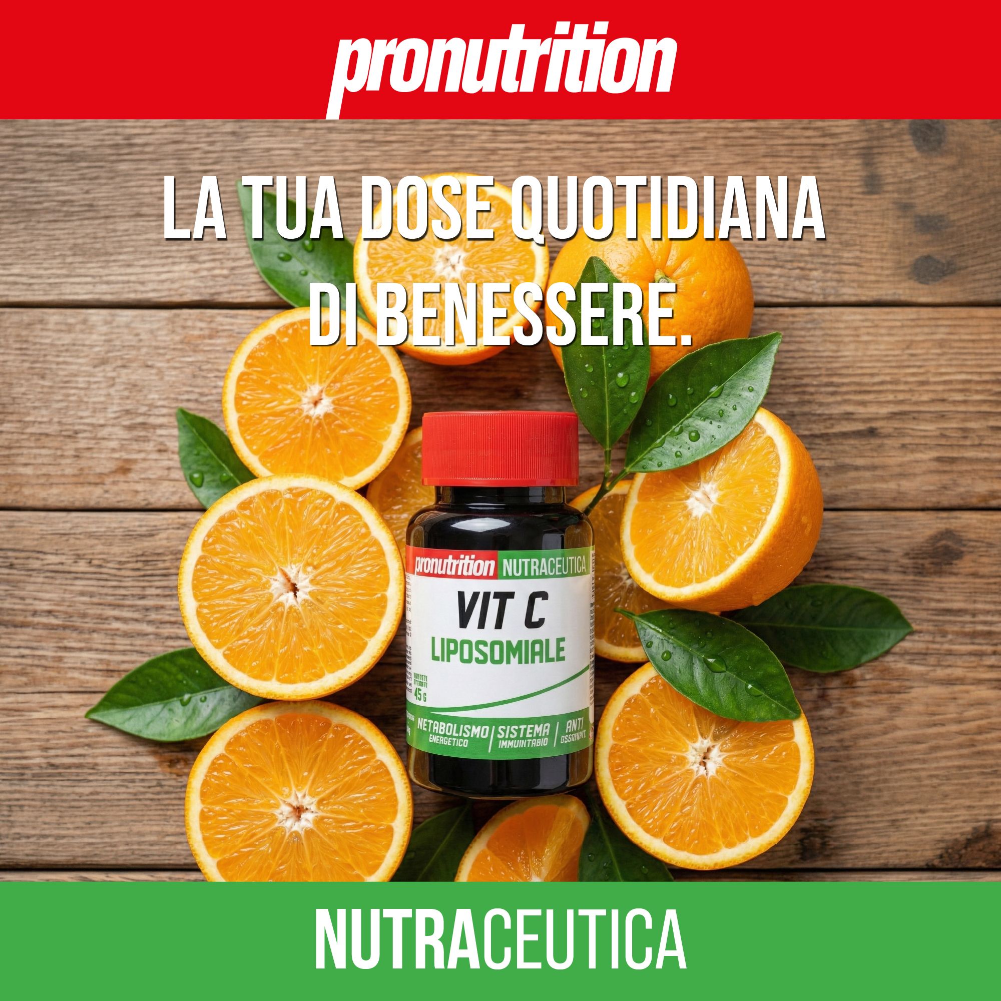Flacone marrone con tappo rosso, circondato da arance a metà. Scritta: VIT C LIPOSOMIALE. Sfondo in legno.
