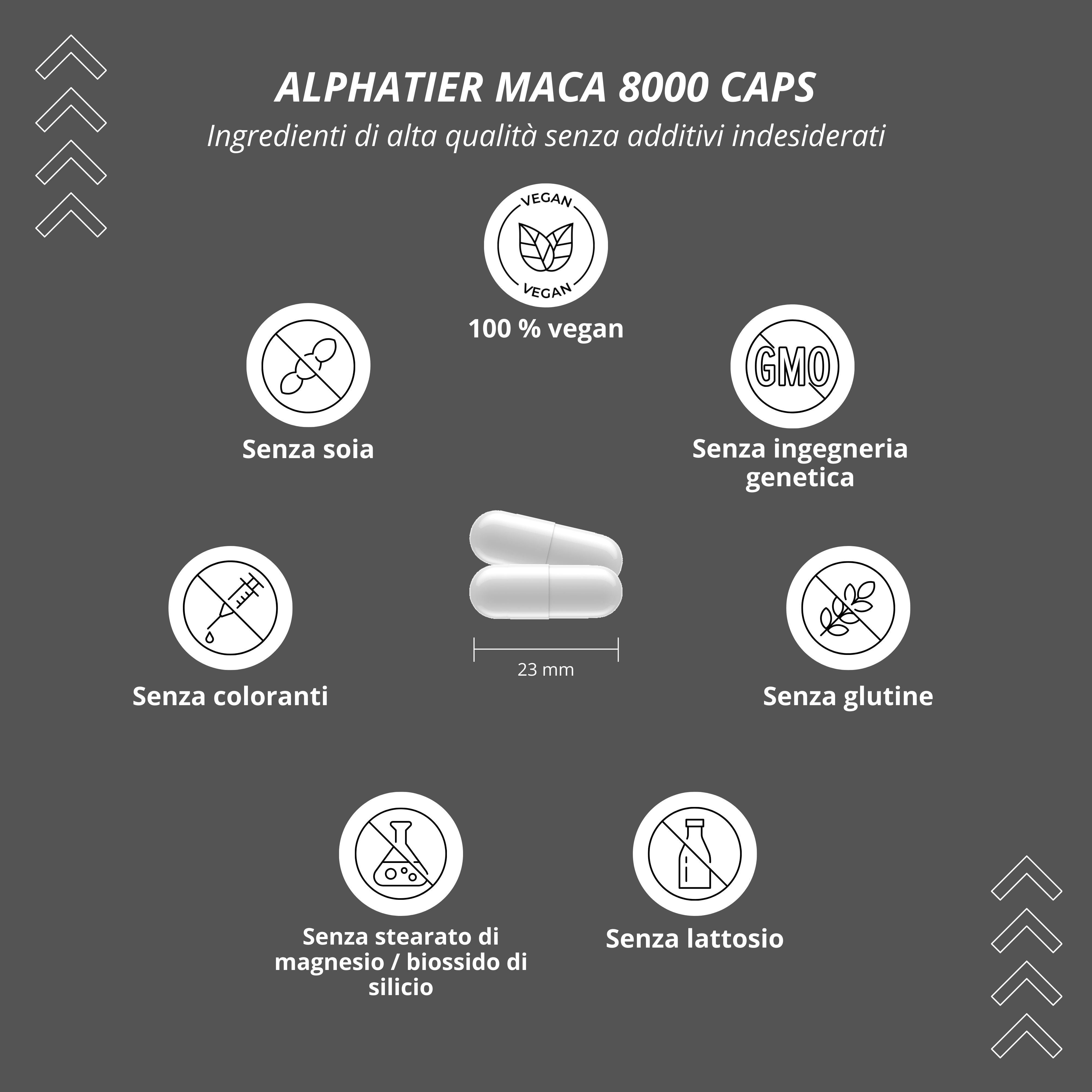 Due capsule bianche. Scritta: 23 mm. Simboli: Senza soia, 100% vegano, senza OGM, senza coloranti, senza glutine, senza stearato di magnesio, senza lattosio.