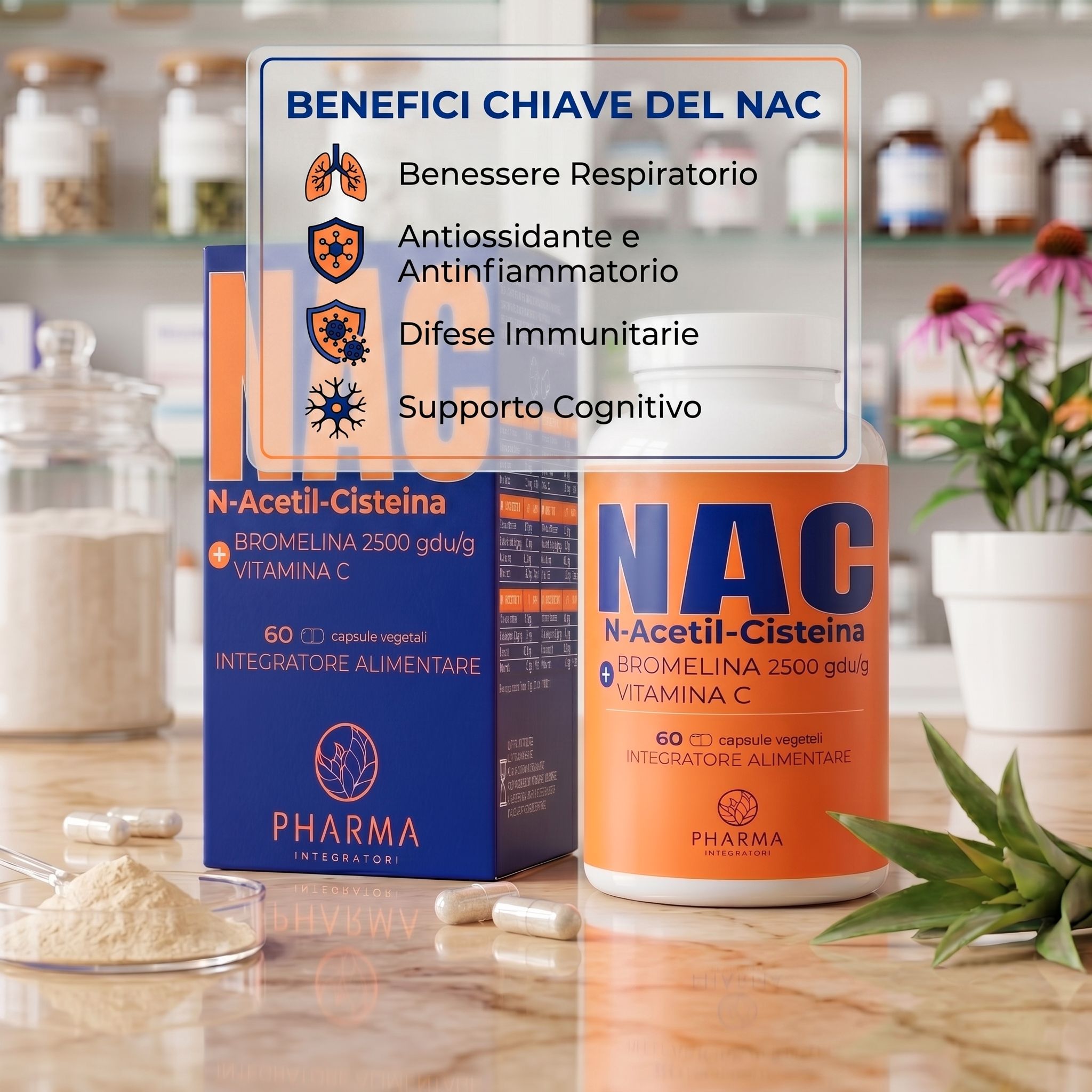 Flacone e scatola di NAC N-Acetilcisteina con benefici chiave: vie respiratorie, antiossidante, immunità.