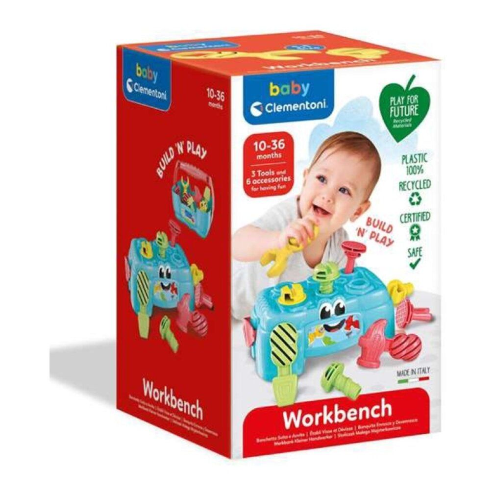 Confezione del banco da lavoro Baby Clementoni. Contiene banco, attrezzi e viti. Età consigliata: 10-36 mesi.