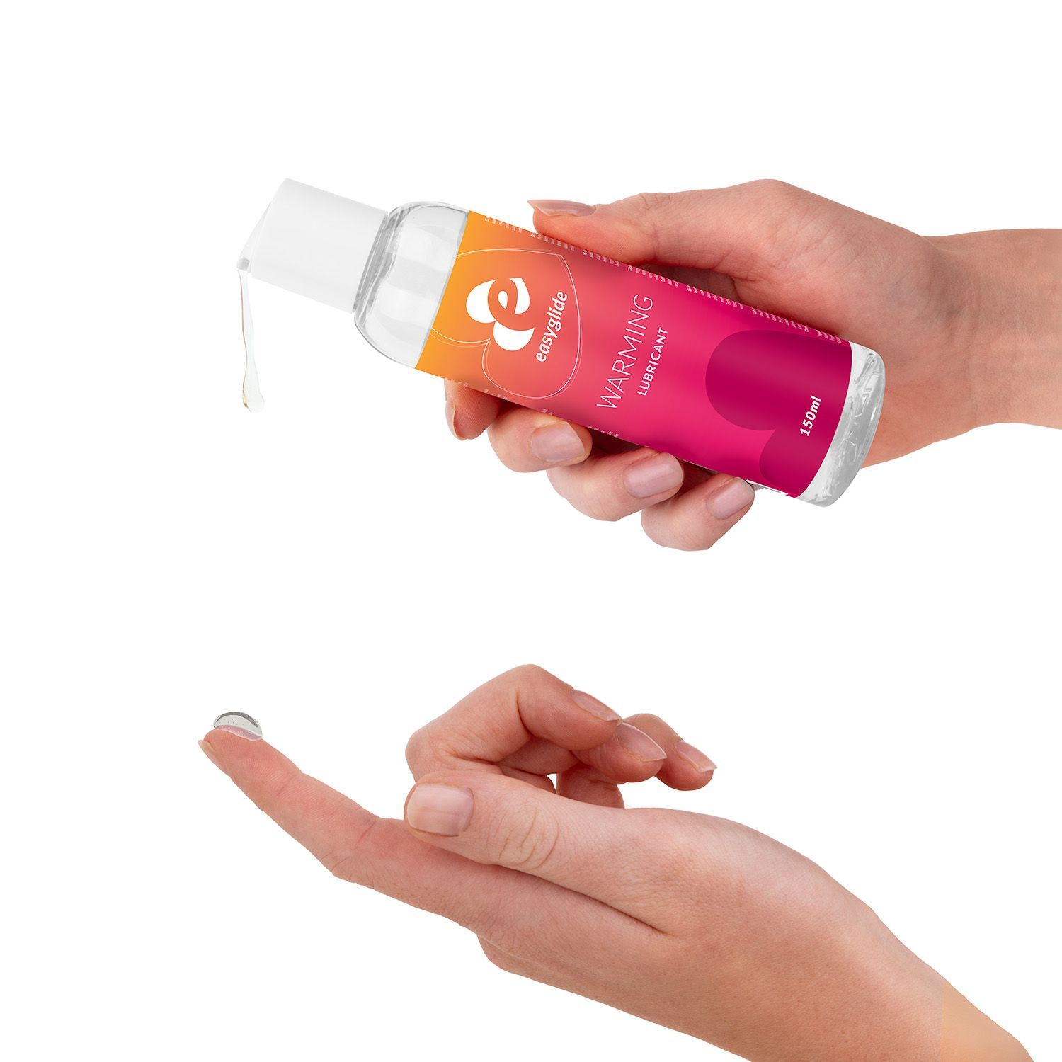 Mani che tengono un flacone. Liquido che gocciola su un dito. Flacone con etichetta e sfumatura di colore.