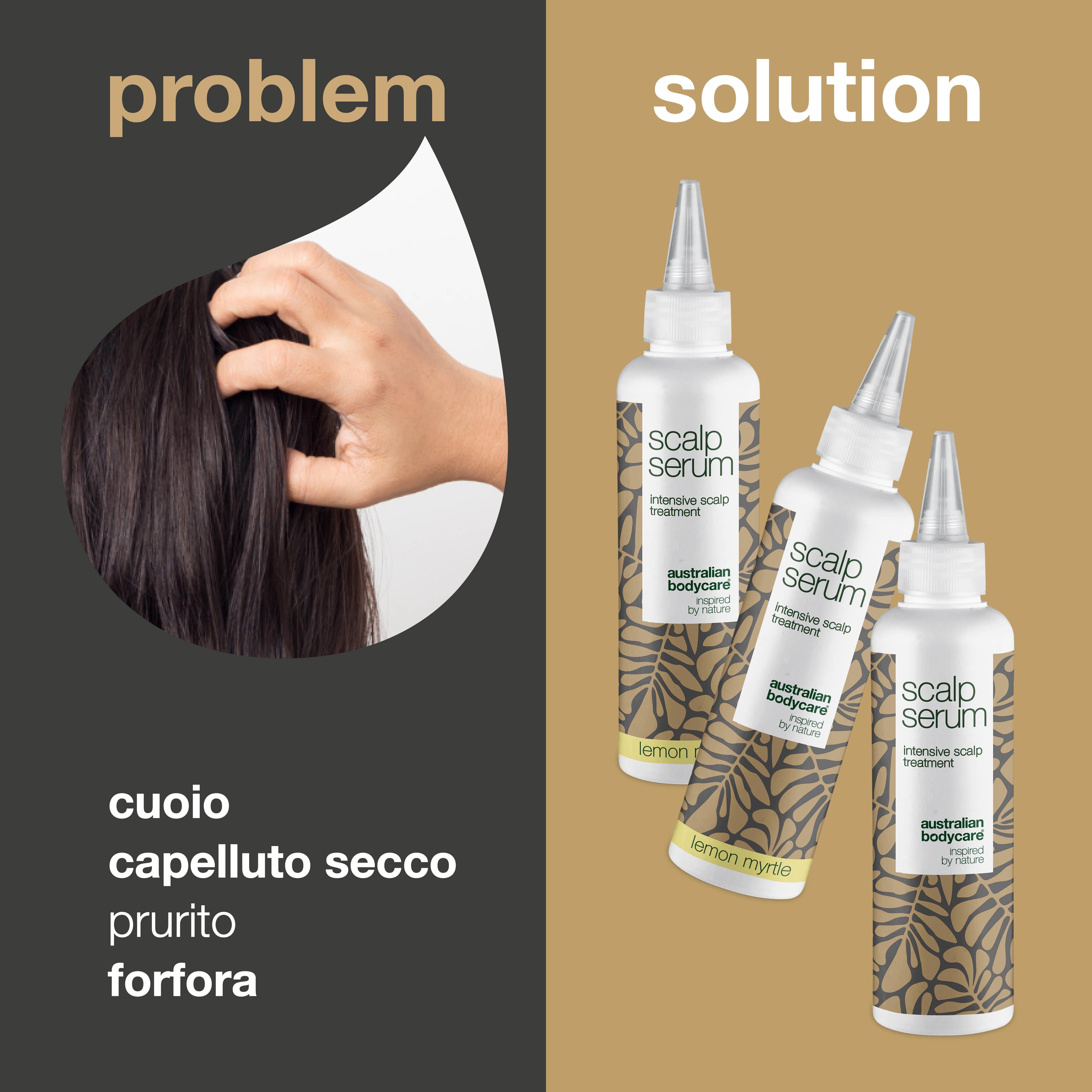 Immagine a sinistra: persona che tocca il cuoio capelluto. Immagine a destra: tre flaconi Scalp Serum. Testo: Cuoio capelluto secco, prurit, forfora.