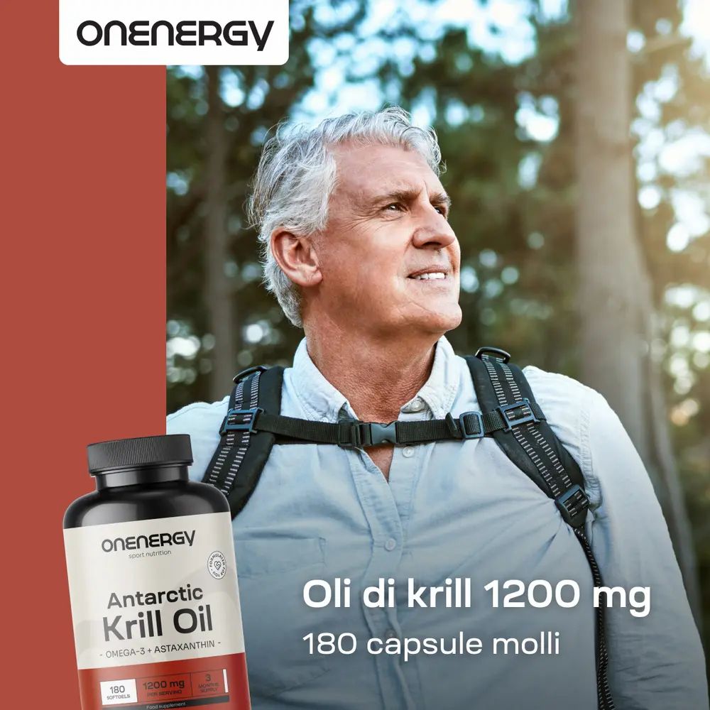 Uomo con zaino. Flacone con capsule. Testo: Olio di krill 1200 mg, 180 capsule molli. Logo OnEnergy.