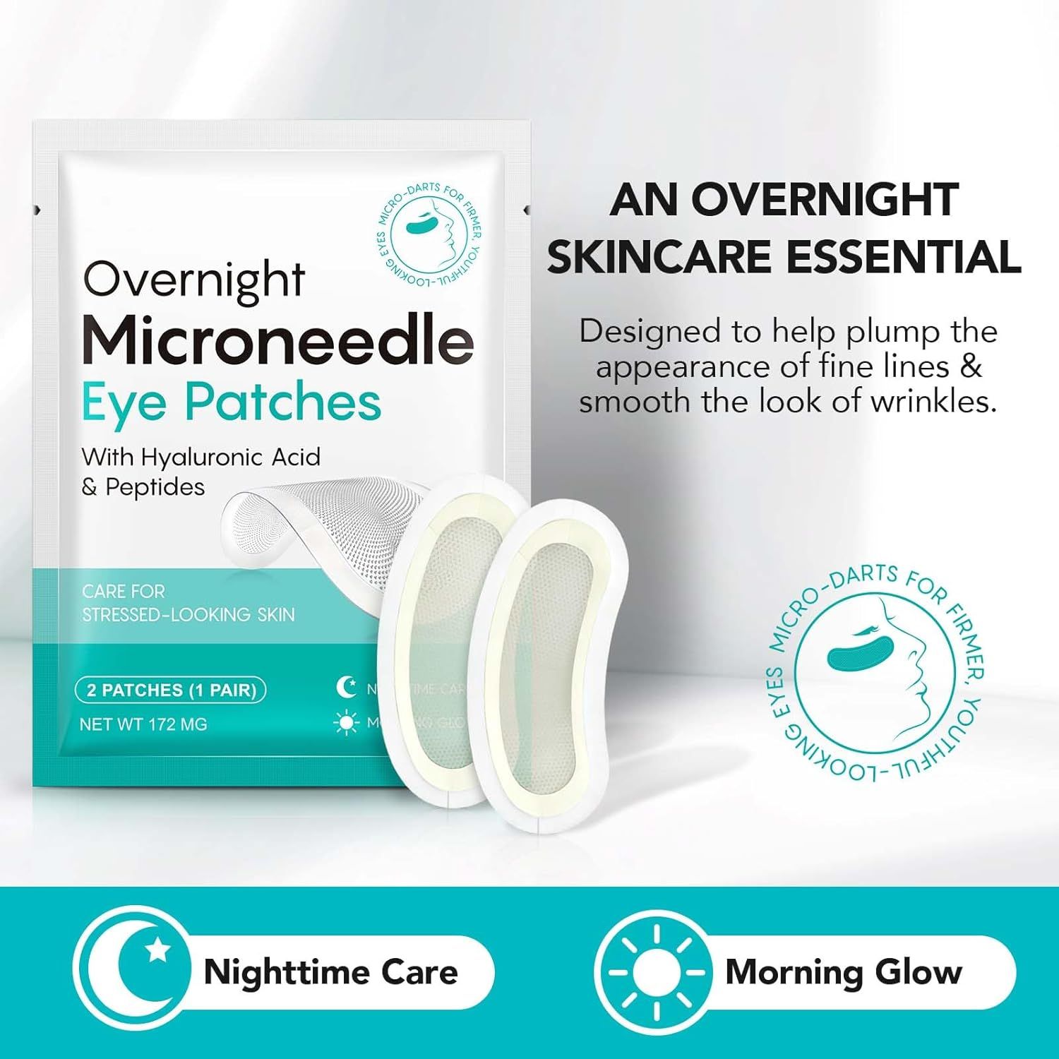 Confezione con due cerotti occhi. Testo: Overnight Microneedle Eye Patches. Con acido ialuronico e peptidi. Cura notturna, luminosità mattutina.