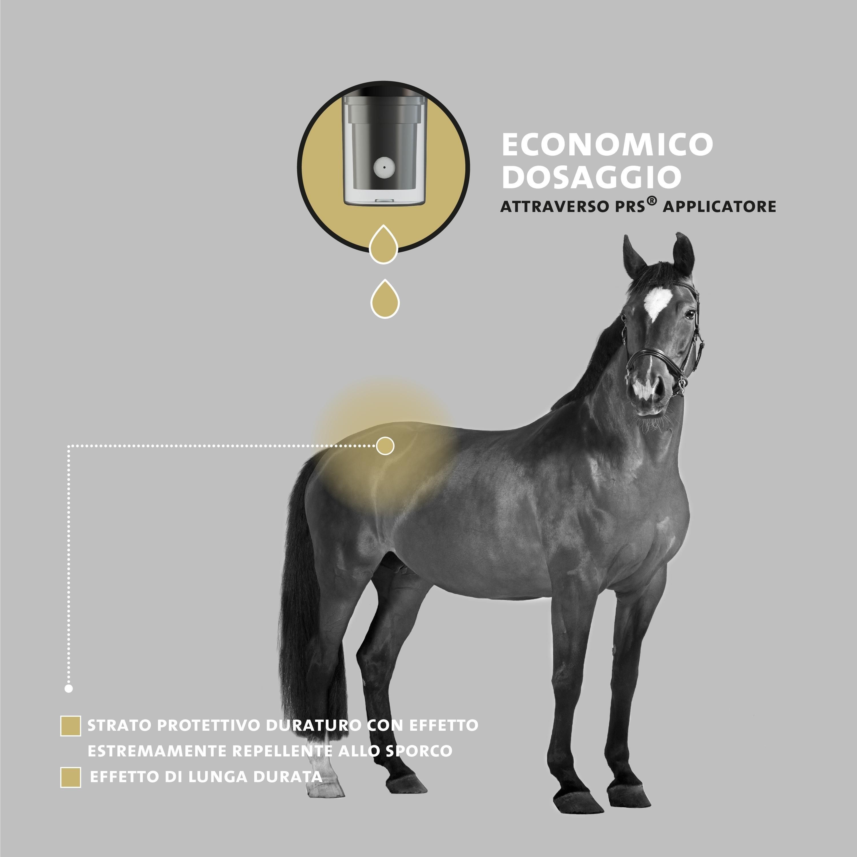 Cavallo con applicazione del prodotto. Testo: Dosaggio economico. Effetto a lunga durata. Strato protettivo contro lo sporco.