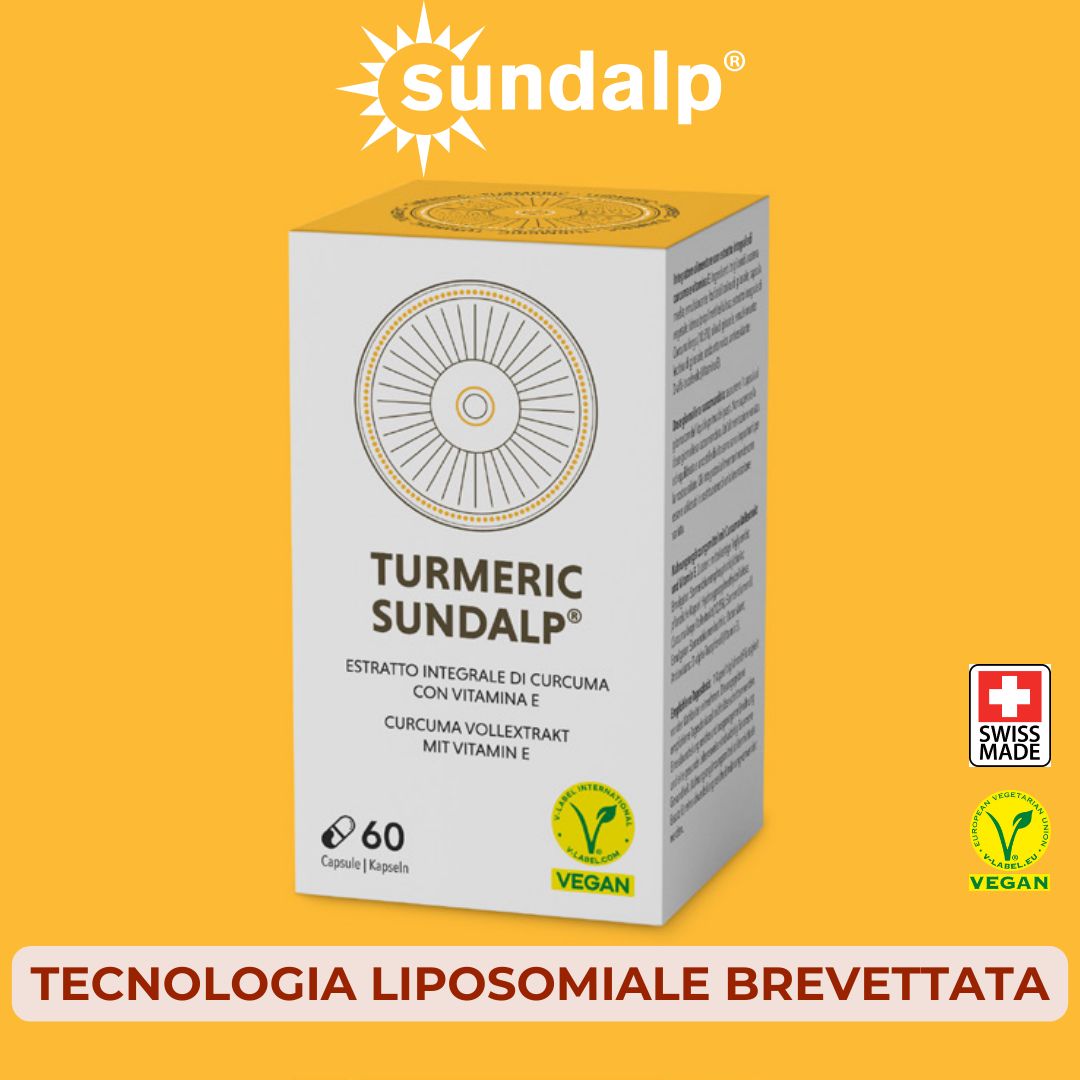 Confezione del prodotto con testo: TURMERIC SUNDALP, estratto con vitamina E. Sigillo vegano. Tecnologia liposomiale brevettata.