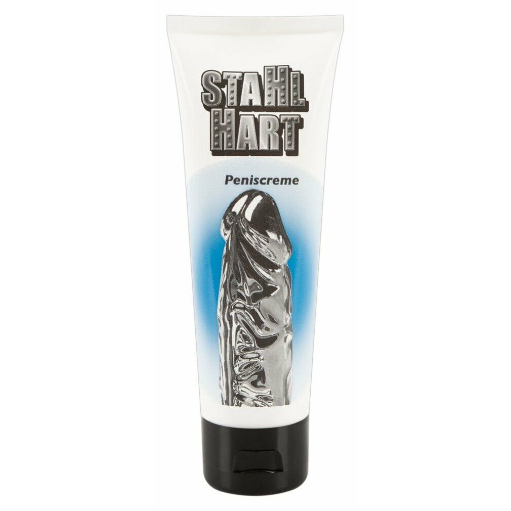Tubo bianco con tappo nero. Scritta "STAHL HART" e "Peniscreme". Illustrazione di un pene metallico.