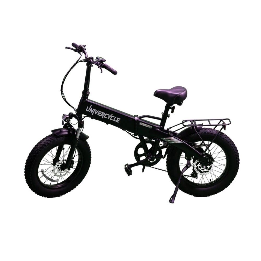 Bicicletta elettrica pieghevole nera con pneumatici larghi. Marchio Univercycle visibile. Portapacchi e sella presenti.